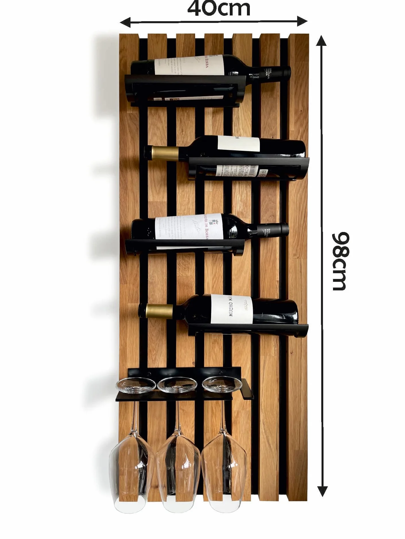 FLEXISTYLE Regał na wino z drewna, stojak na butelki, czarny, do montażu na ścianie, do kuchni, drewna, 40 cm szerokości, duży (98 x 40 cm, 4 butelki i szklanki)