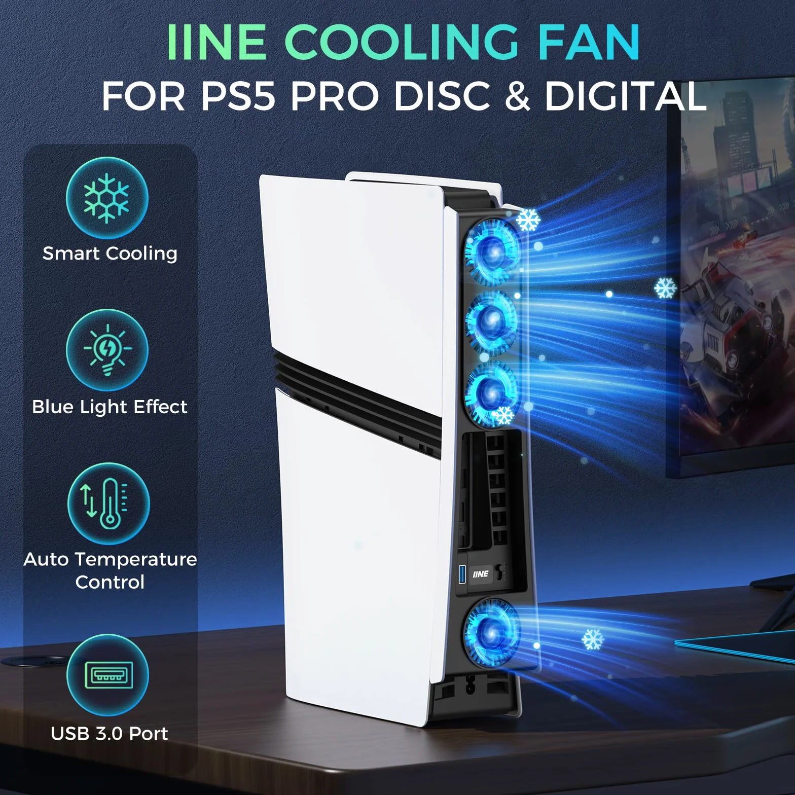 Wentylator chłodzący do PS5 Pro, wydajny wentylator chłodzący z regulowaną prędkością/światłem LED, akcesoria chłodzące PS5 PRO z portem USB 3.0