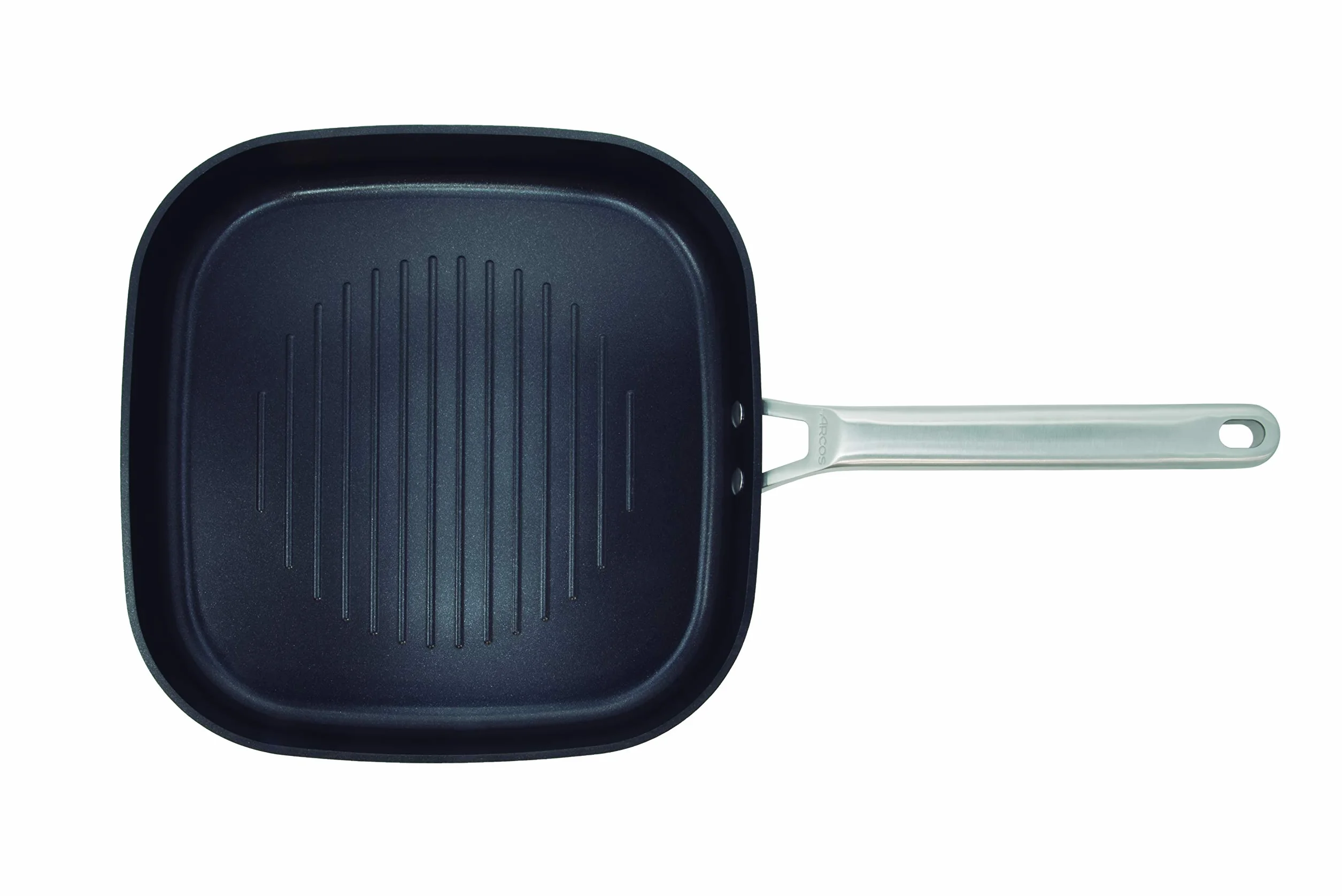 Arcos Seria Samoa | Patelnie Grill Non-stick 28x28 cm | Patelnia grillowa | Kute aluminium | Nadaje się do każdej kuchni | Anse ze stali nierdzewnej efekt zimny | Czarny | FULL INDUCTION
