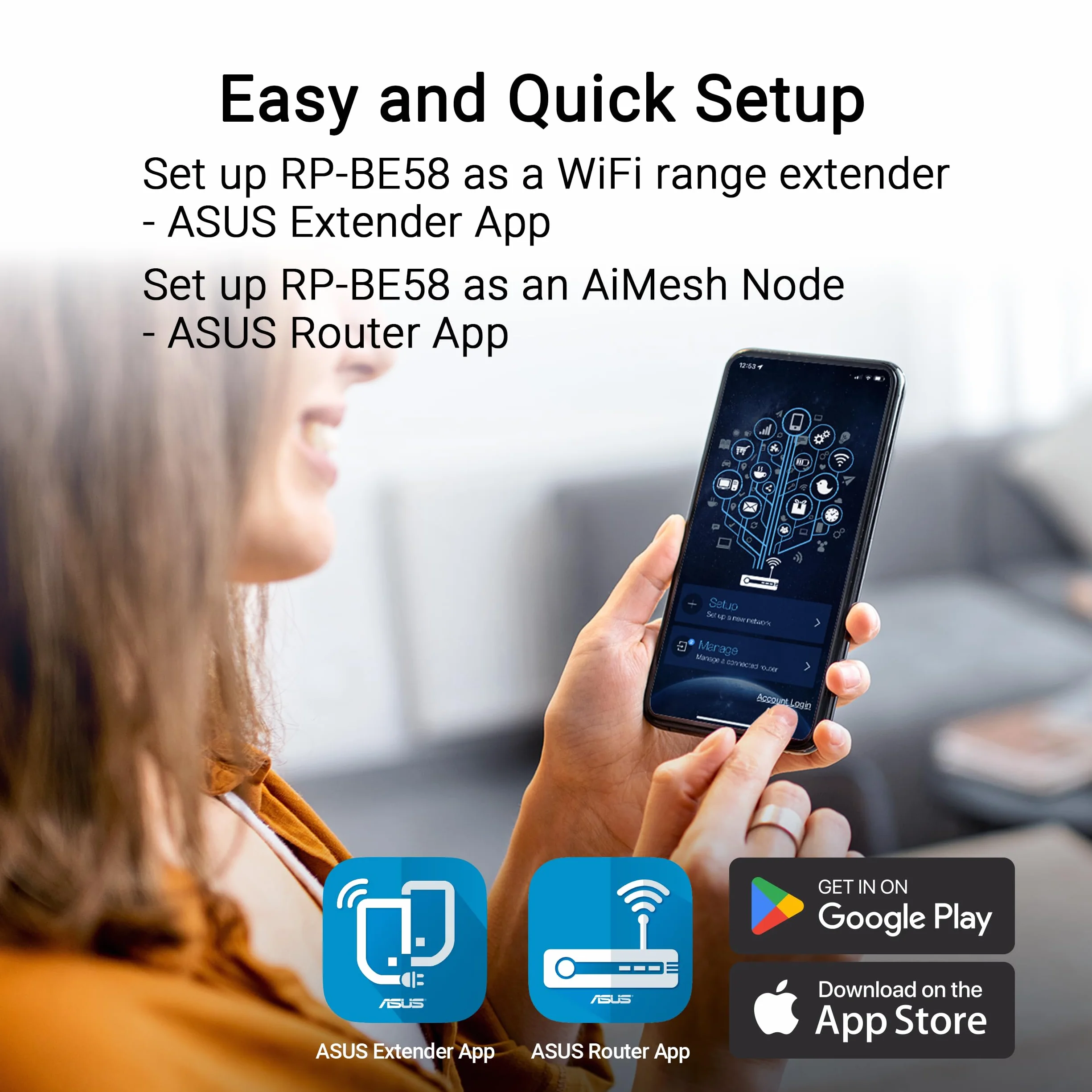ASUS RP-BE58 BE3600 Dual Band WiFi 7 AiMesh Repeater (przedłużacz zakresu, do 3600 Mbps, bezszwowa siatka WiFi, łatwa konfiguracja za pomocą aplikacji)