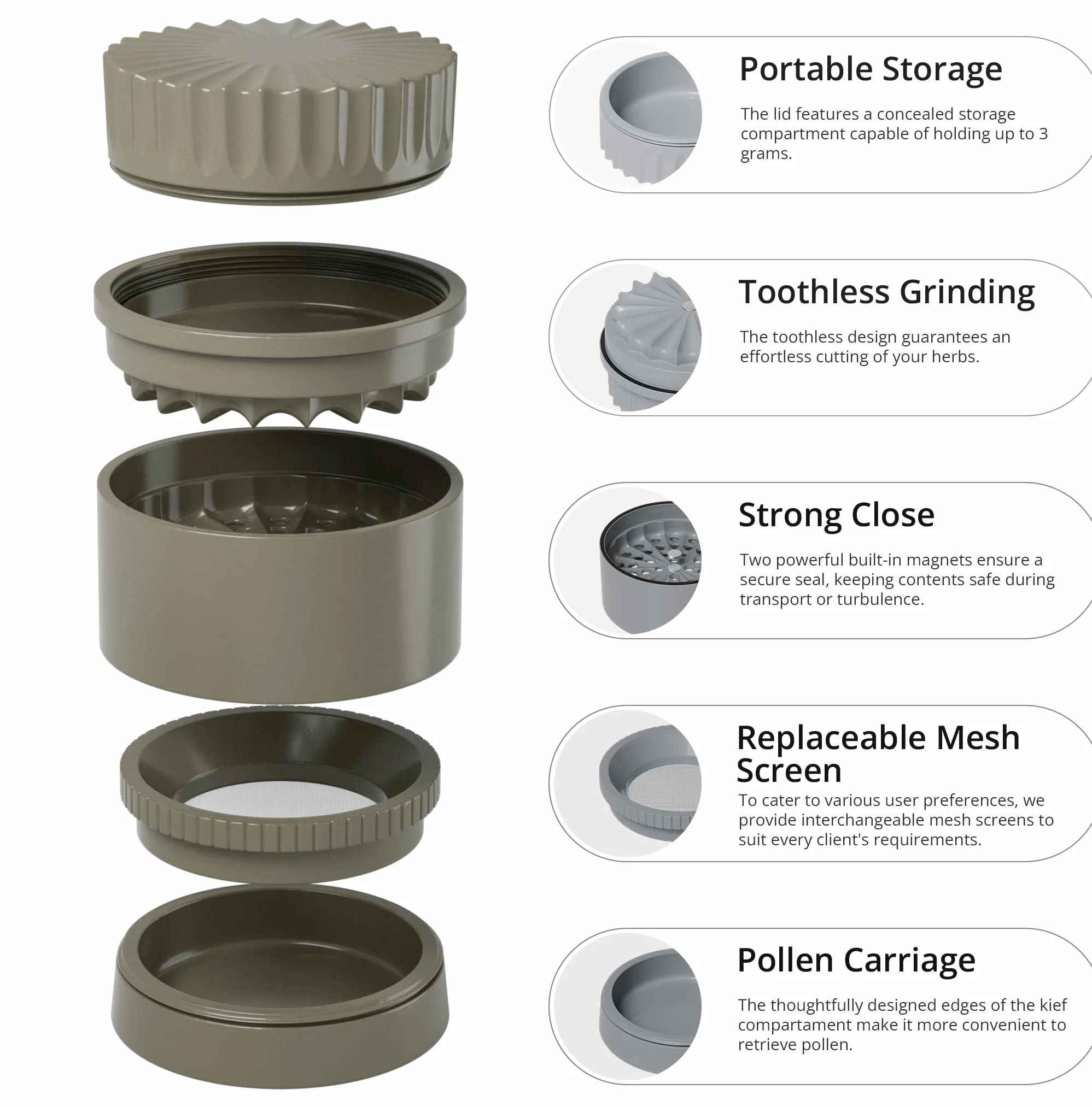 Bezzębny młynek do ziół Ø 63 mm 5-częściowy powłoka nano-ceramiczna Mud