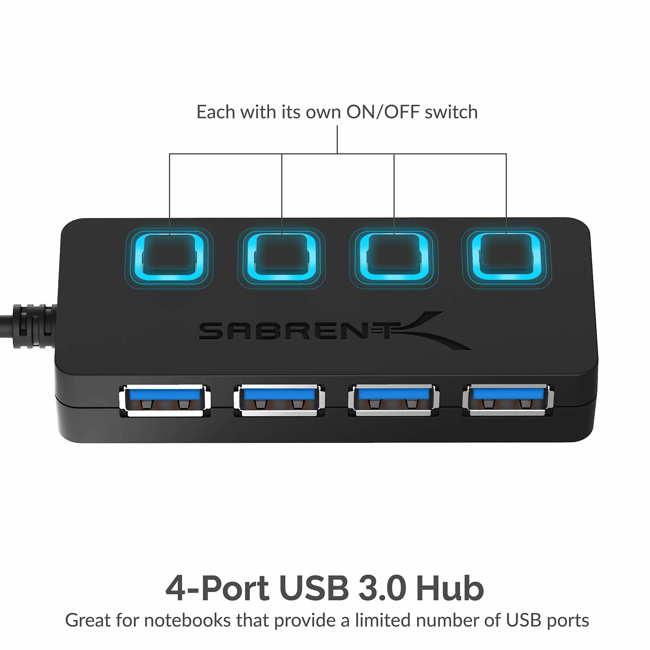 Sabrent HB-UM43 Koncentrator USB 3.0 z 4 Portami, 8,64 x 3,56 x 1,55 cm, Czarny/Niebieskie