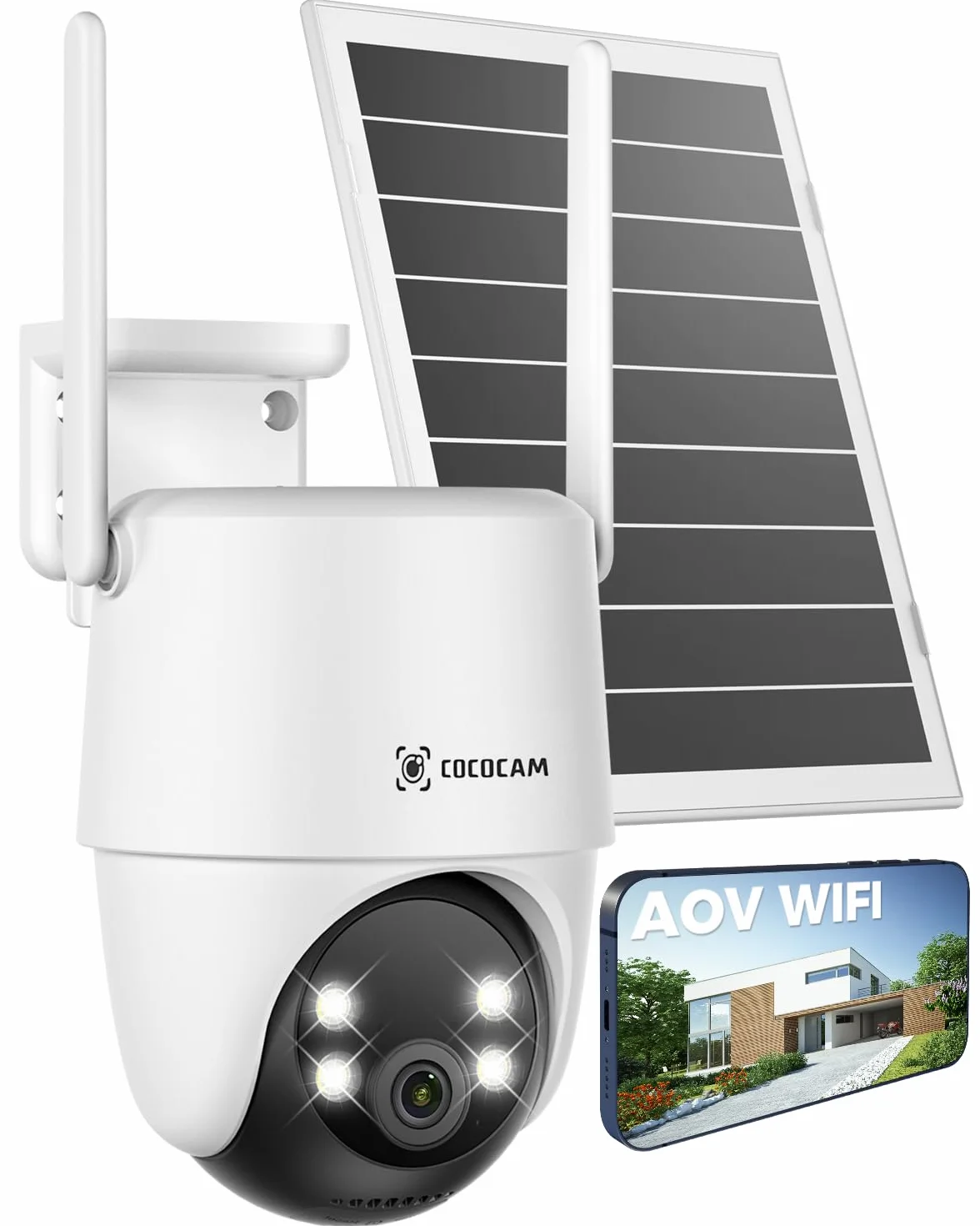 Kamera bezpieczeństwa COCOCAM 24/7 z nagrywaniem AOV WiFi, zewnętrzna, bezprzewodowa, z baterią 10000 mAh, panelem słonecznym 8 W, 2K PTZ, 30-metrowym widzeniem nocnym, wykrywaniem AI, śledzeniem AI,