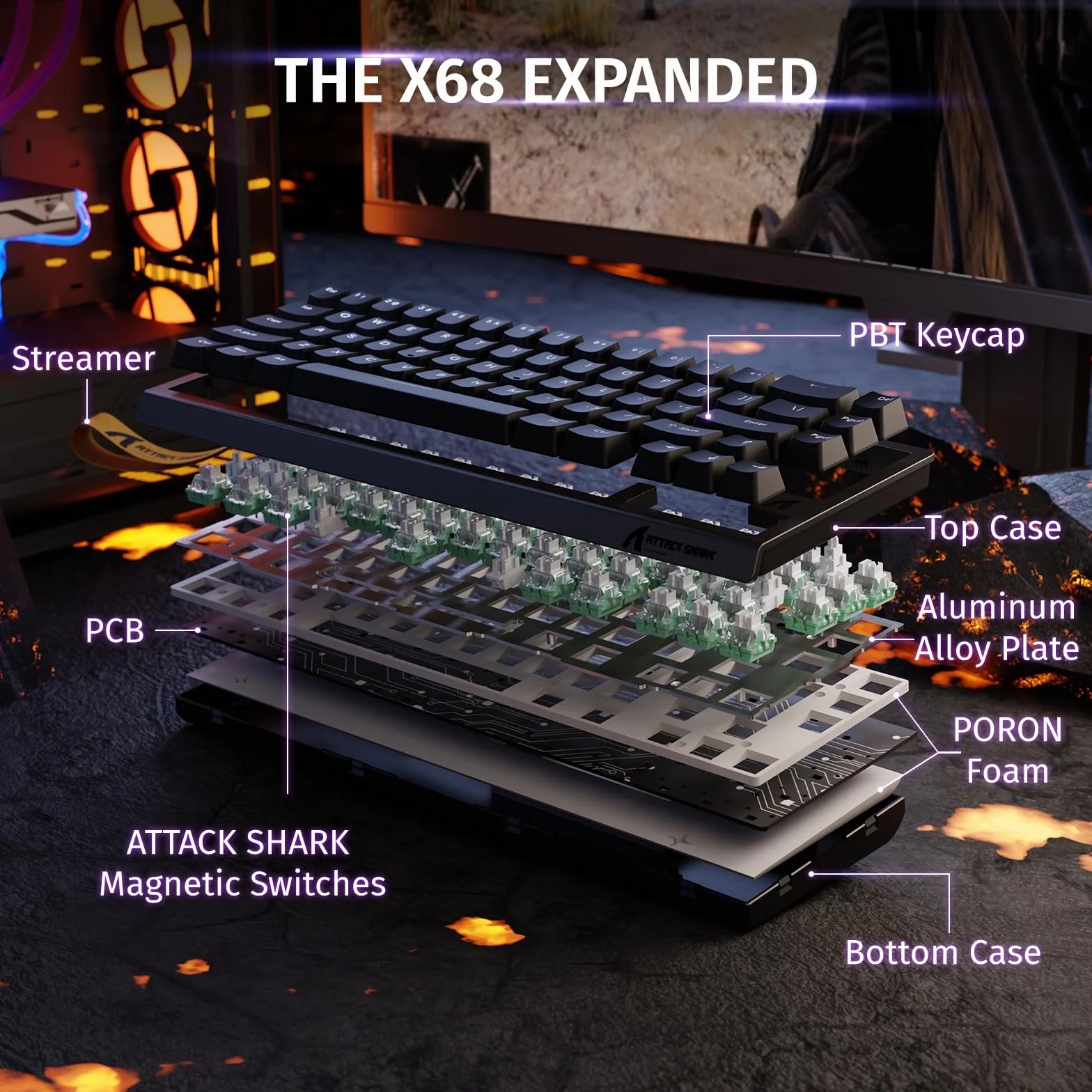 ATTACK SHARK X68 HE 8000 Hz Rapid Trigger Klawiatura 0,01 mm Przewodowa RGB 60% Przełączniki Magnetyczne Czarna