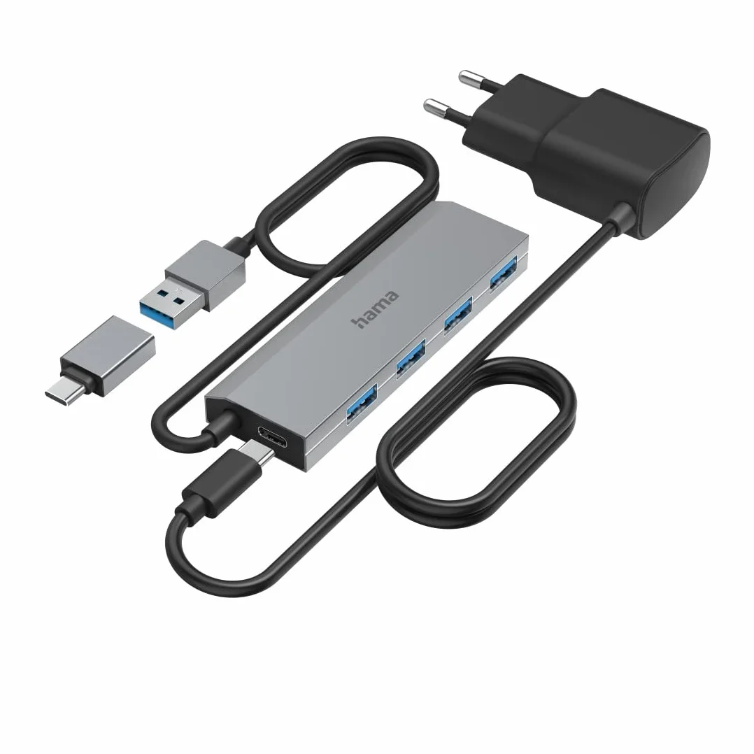 Hama Kompaktowy hub USB C z 4 portami USB A (5 Gbps, USB 3.2 Gen 1, duży rozstaw gnhiazd, kabel 1m) antracyt