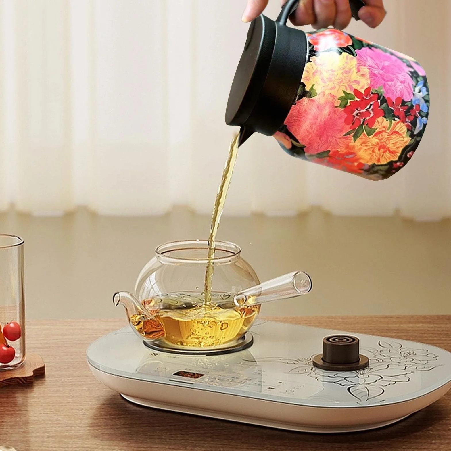 Termo do herbaty z zaparzaczem – 800 ml, termiczny dzbanek do herbaty, izolowany czajniczek z kwiatowym wzorem, czajnik zatrzymujący ciepło, próżniowy garnek termiczny ze stali nierdzewnej do