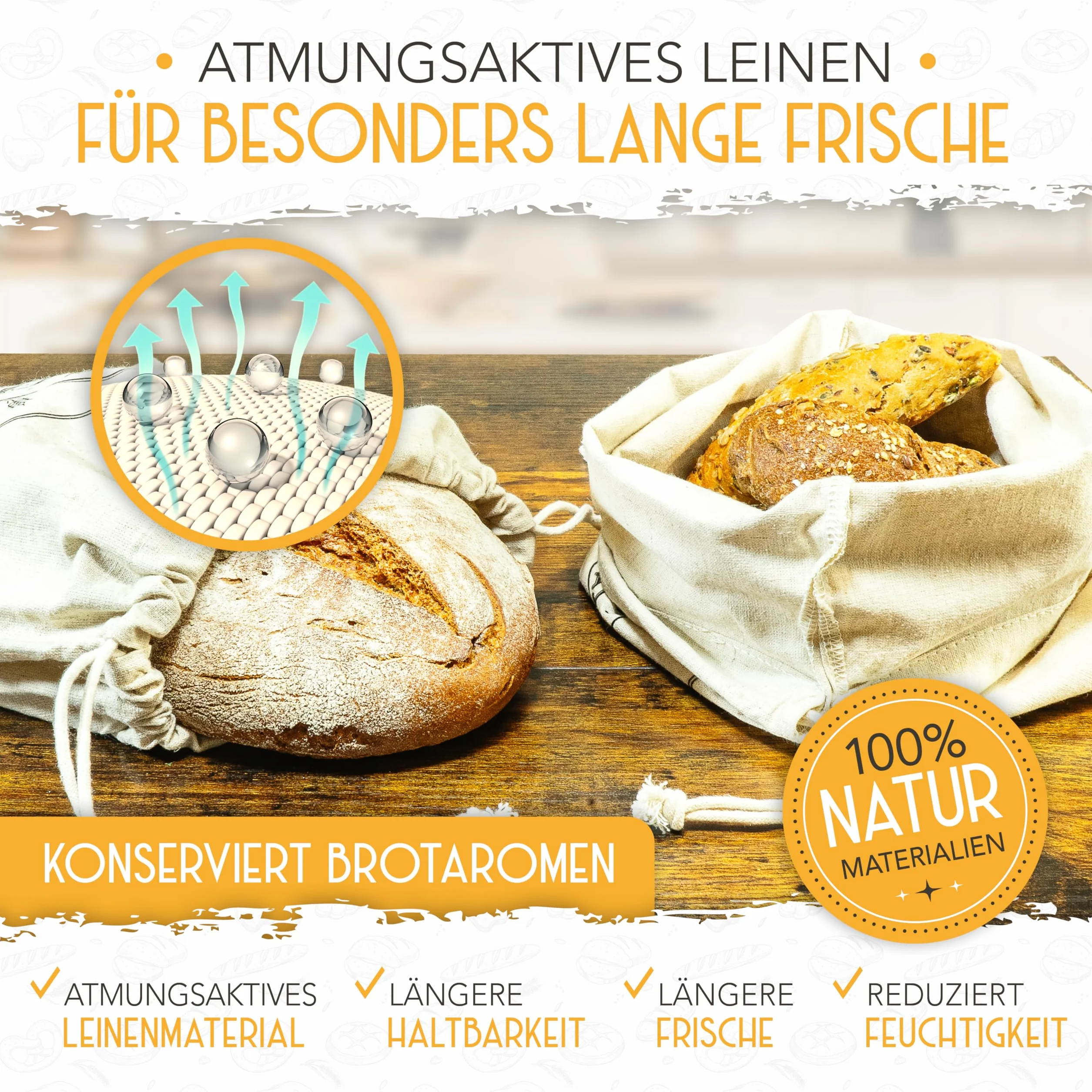KRUSTENZAUBER Worek na chleb z lnu 2-częściowy zestaw - 2 x worek lniany 40x30cm do przechowywania chleba - Idealny worek na chleb, na bułki, akcesoria do pieczenia chleba, worek chlebowy, worek na