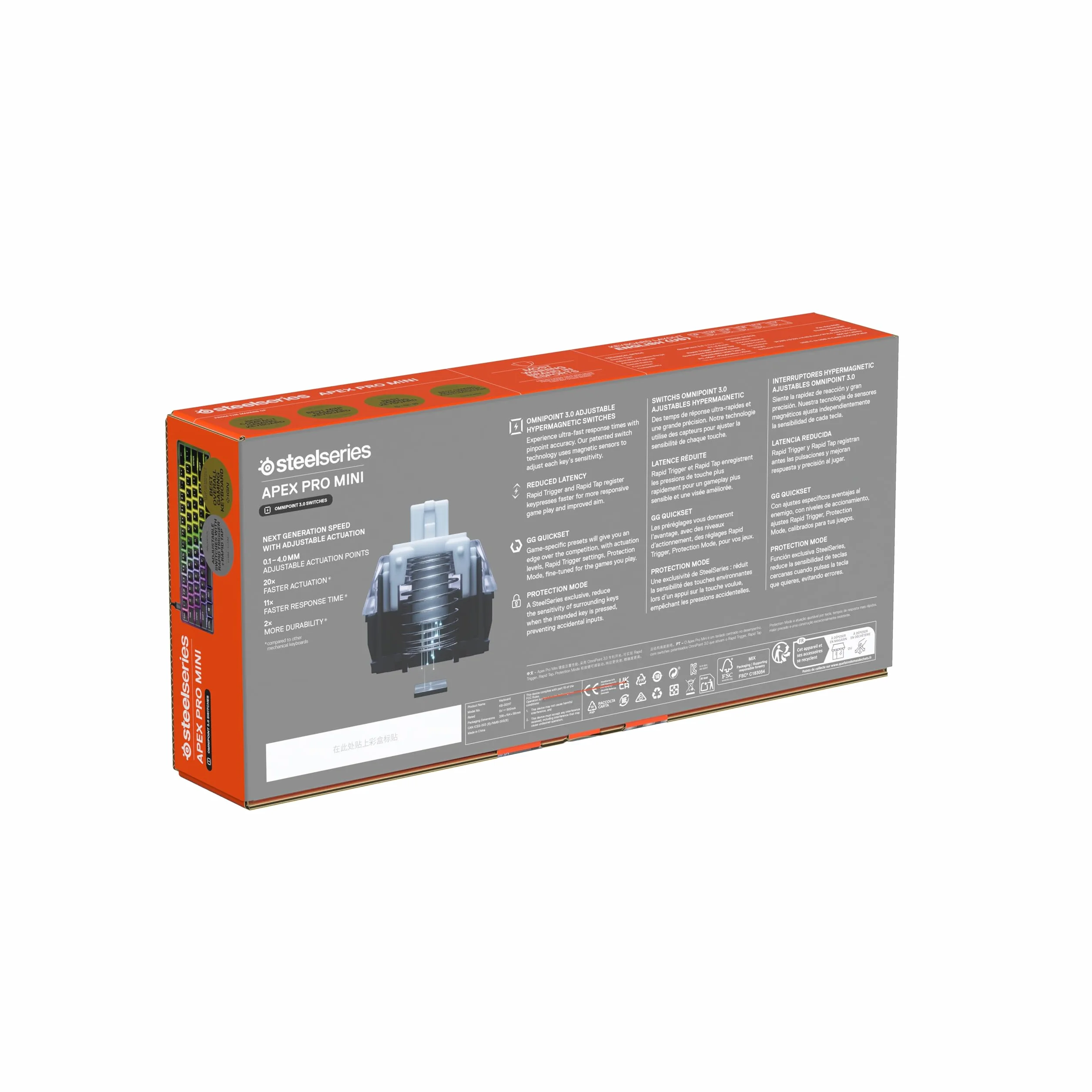 SteelSeries Apex Pro Mini Gen 3 - hipermagnetyczne przełączniki OmniPoint 3.0 – Regulowana aktywacja – Rapid Trigger – Ustawienia gier – Tryb ochrony – Rapid Tap/SOCD – RGB – nakładki z PBT -UK QWERTY