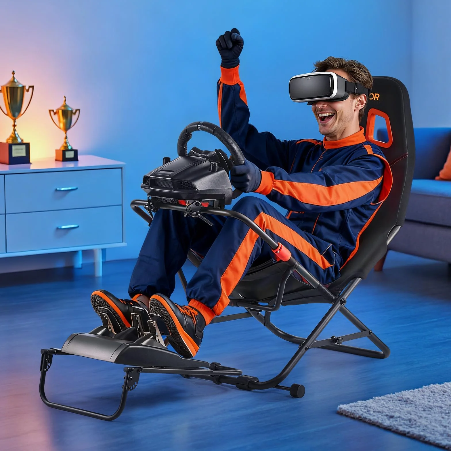 VEVOR Przenośny stojak na kierownicę wyścigową, składany i regulowany stojak na kierownicę, szerokość wewnętrzna siedziska 470 mm, kompatybilny z Logitech G923/G920/G29, Thrustmaster T248P, Fanatec