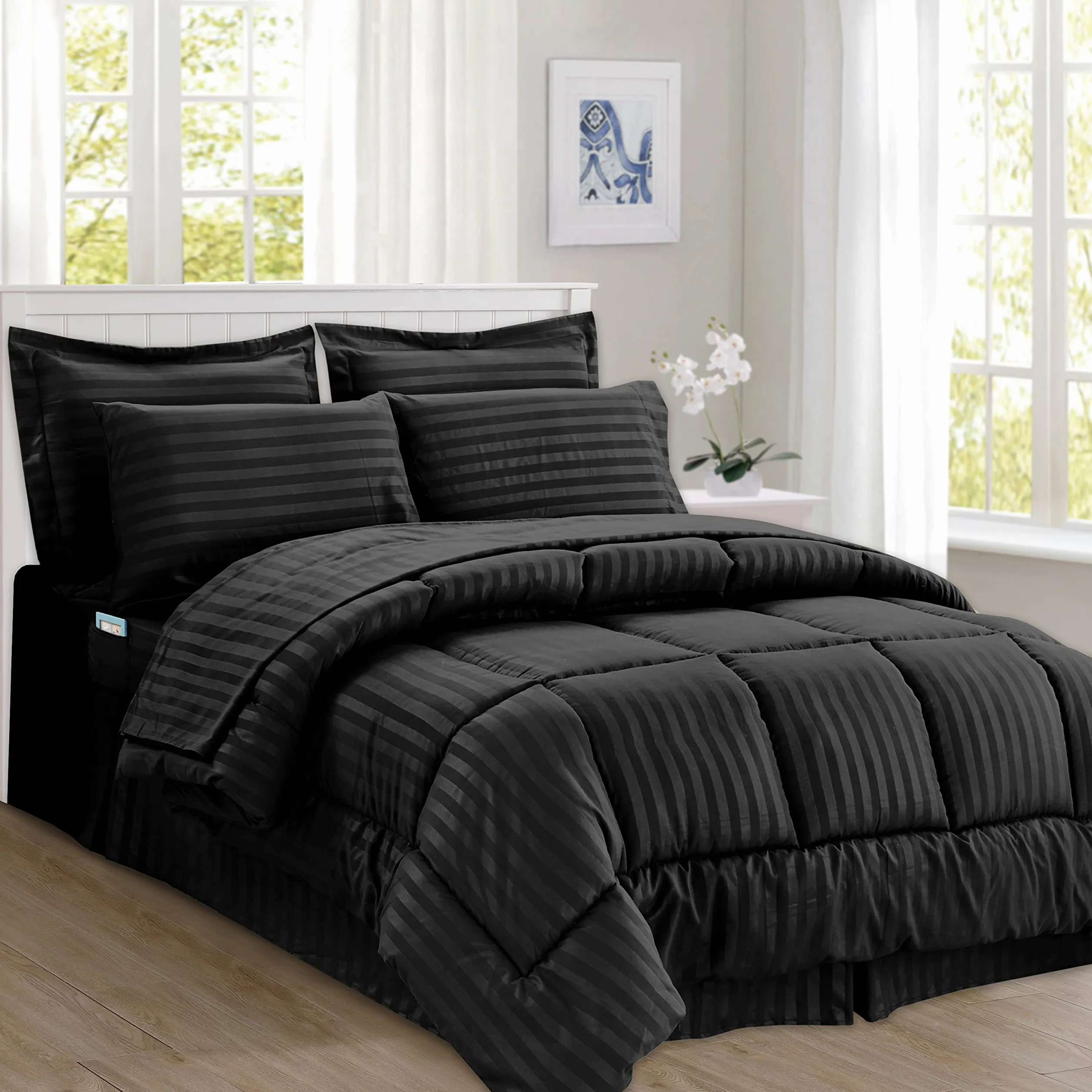 Elegant Comfort Stripe Bed-in-a-Bag 8-częściowy zestaw kołder bawełna czarny King