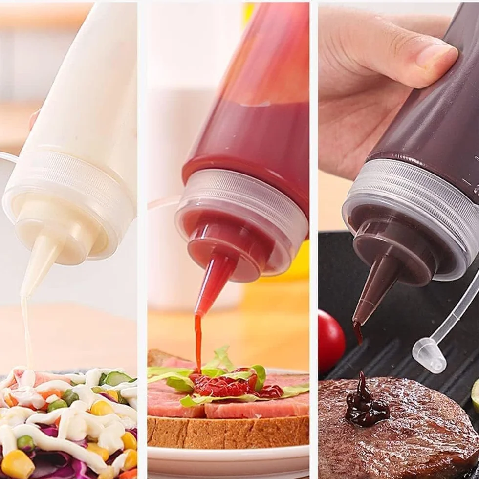 Plastikowa butelka z dozownikiem, 2 szt. Butelka z dozownikiem z zakrętkami 8 uncji, przezroczysta butelka z dozownikiem do keczupu musztardy Mayo gorące sosy oliwa z oliwek 250 ml
