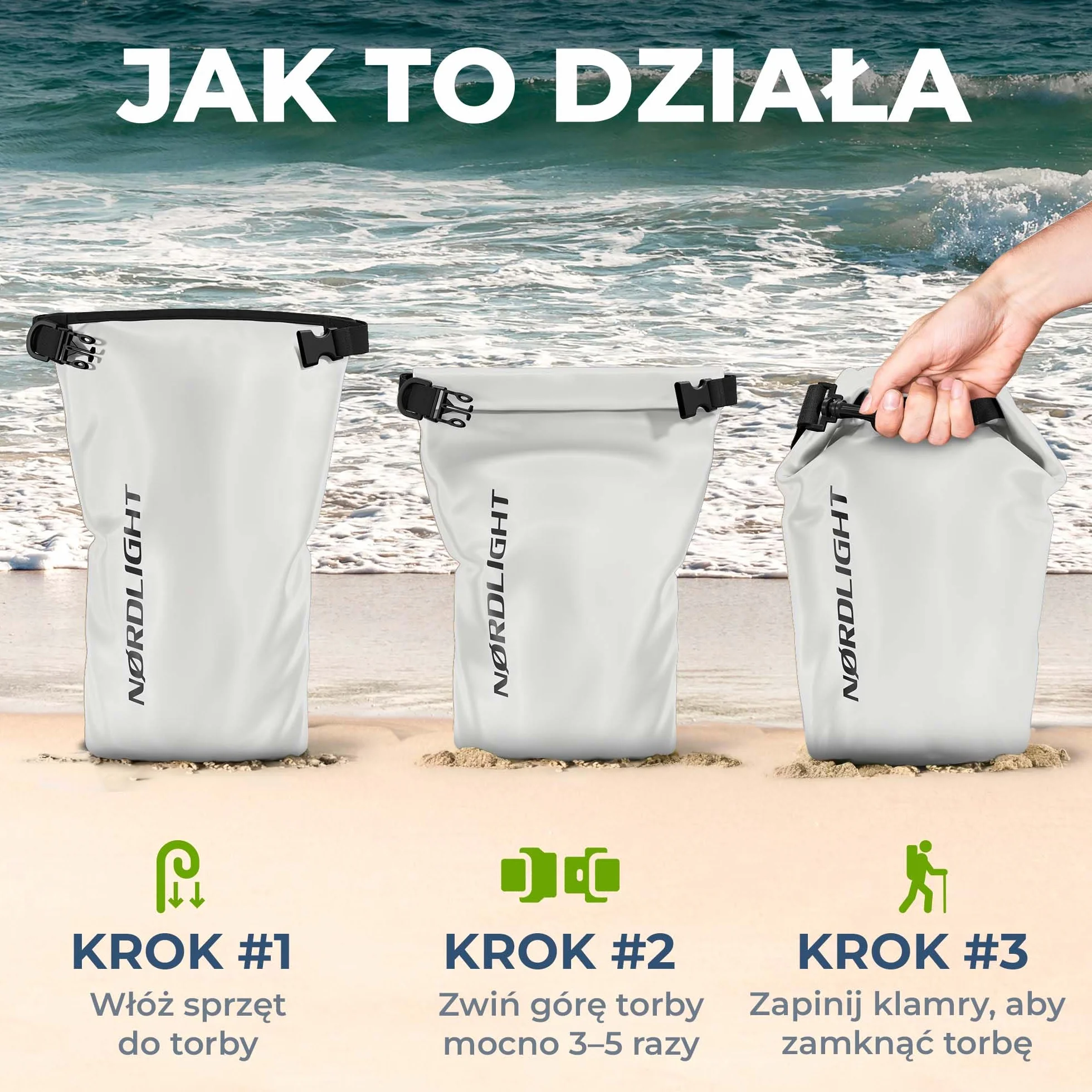 Nordlight Wodoodporna torba sucha Dry Bag 15L - (Biały) Zapięcie roll-top i pasek na ramię | Pływanie, kąpiele, plaża, spływy kajakowe, wiosłowanie na stojąco, nurkowanie