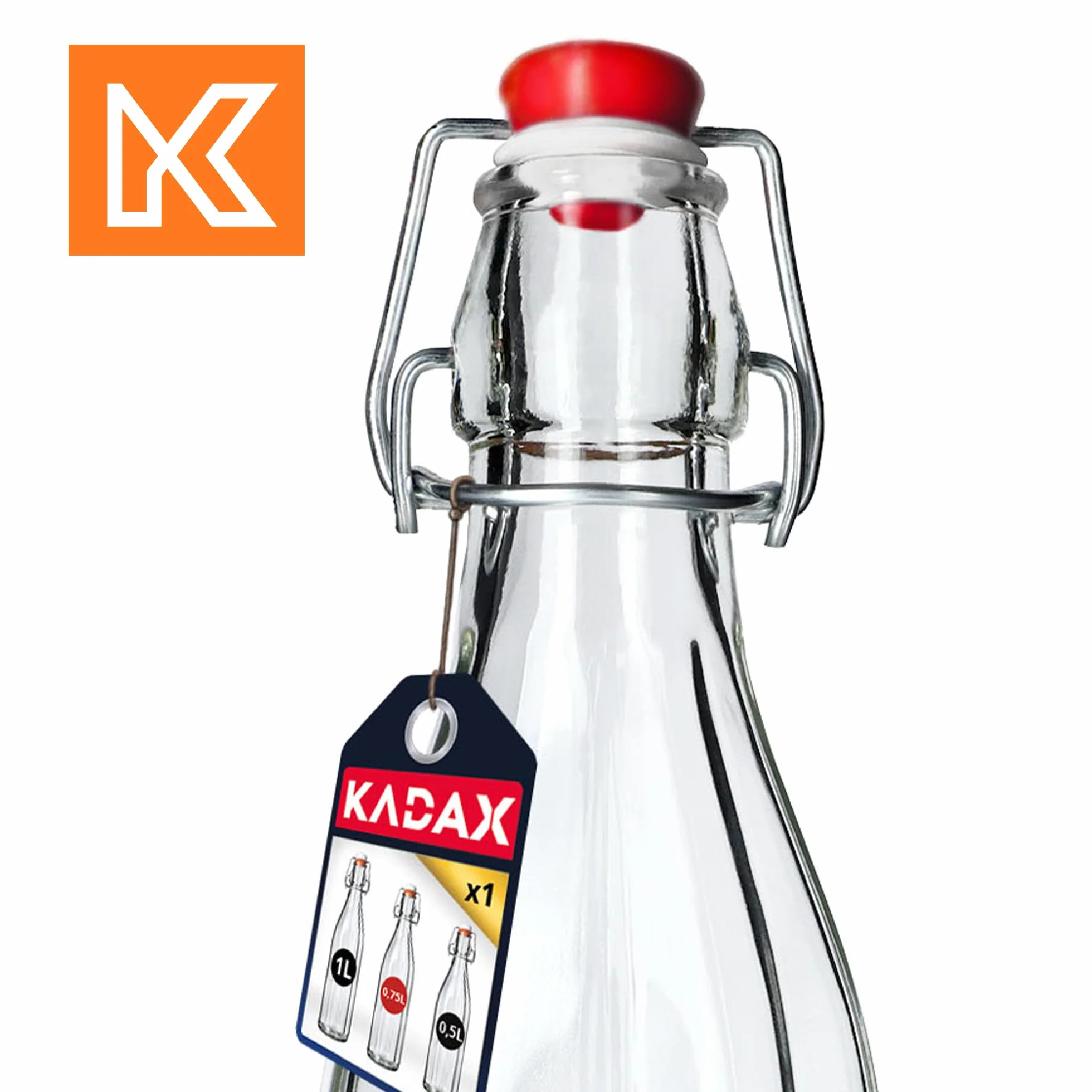 KADAX Zestaw 3 szt. Butelki z zamknięciem mechanicznym 1000 ml, szczelny korek z uszczelką, wytrzymałe szkło wielorazowe, do soków, nalewek i wody