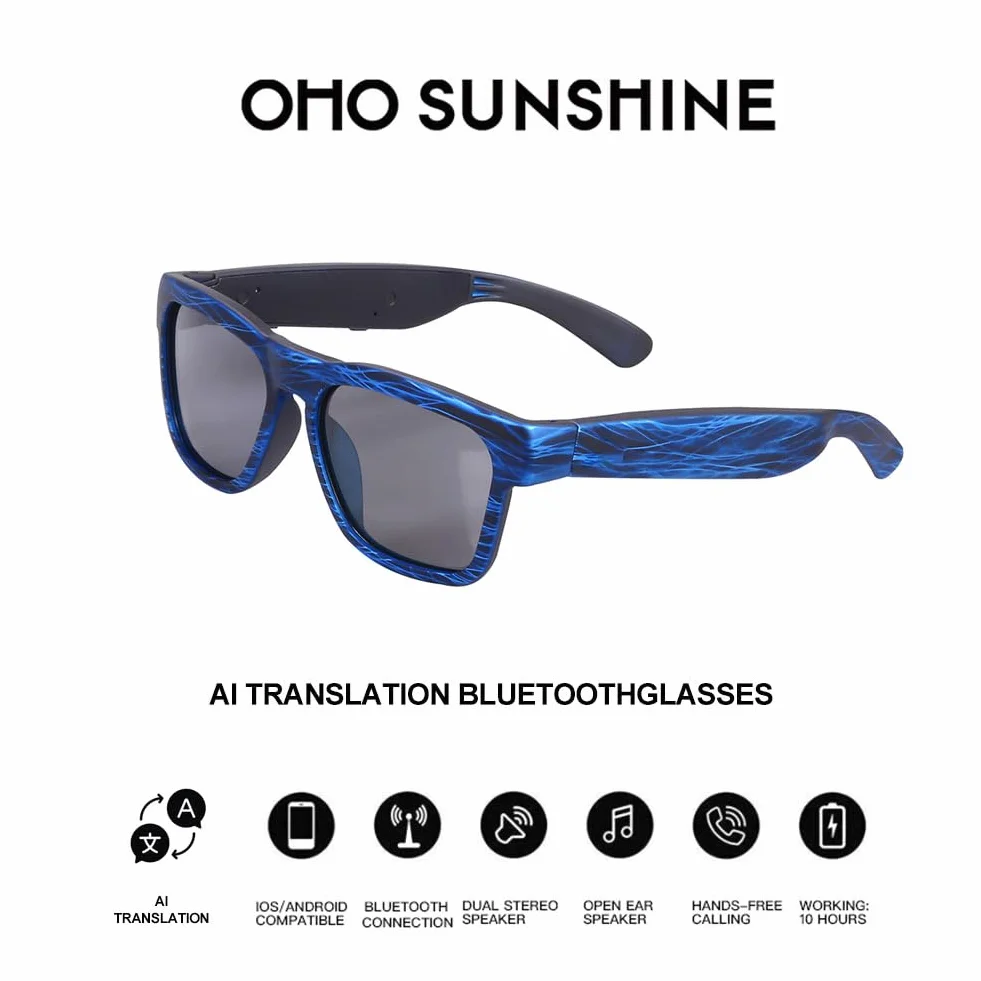 OhO sunshine Inteligentne okulary do tłumaczenia AI z głośnikiem Bluetooth z soczewką fotochromową do użytku na zewnątrz i wewnątrz, NIEBIESKI, Rozmiar Uniwersalny