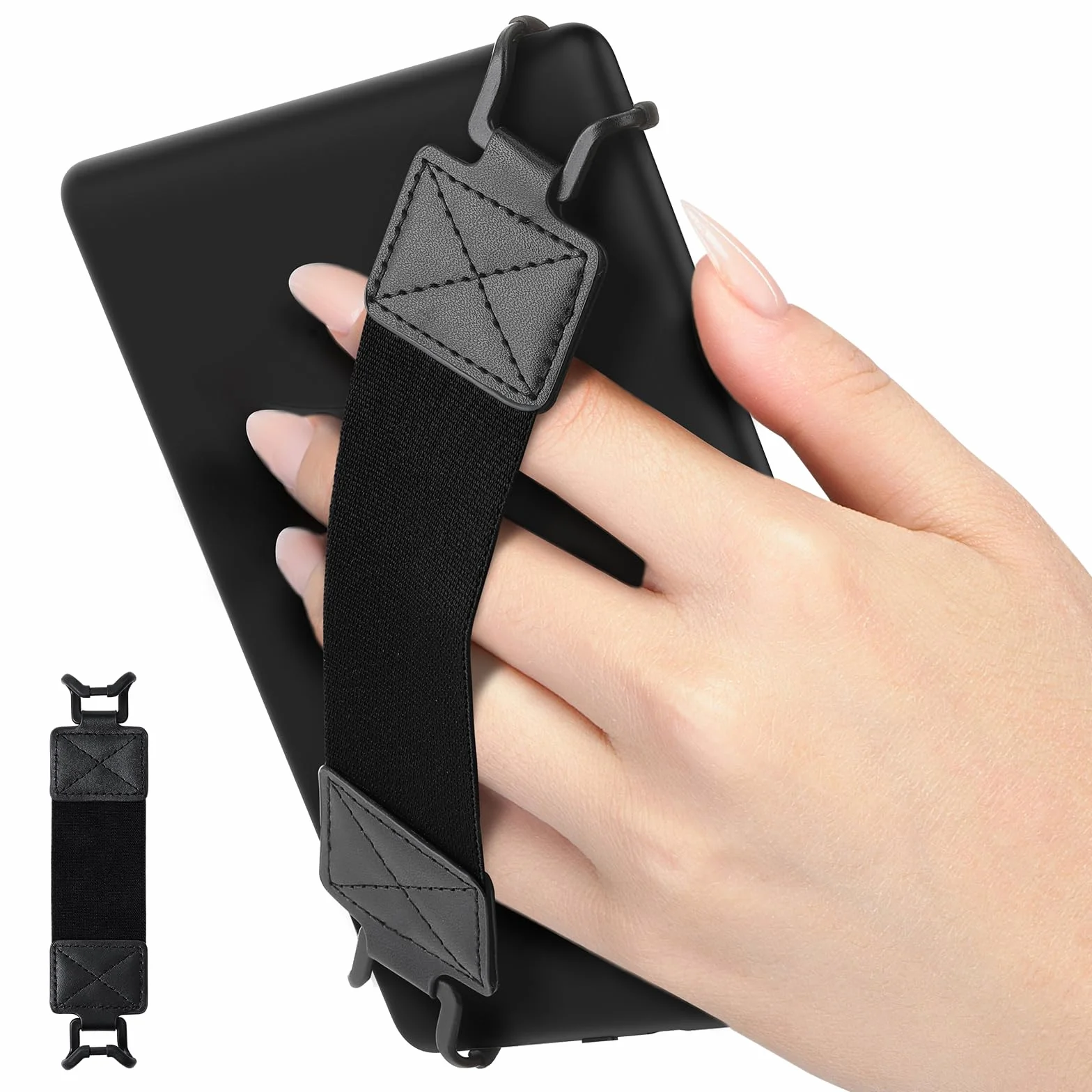 MoKo Security Hand-Strap for 6-8" Kindle eReader Fire Tablet - Kindle/Kobo/Voyaga/Lenovo/Sony Kindle E-Book Tablet, Elastic Versatile Hand Strap Lightweight Finger Grip Holder, Black Belt, Black