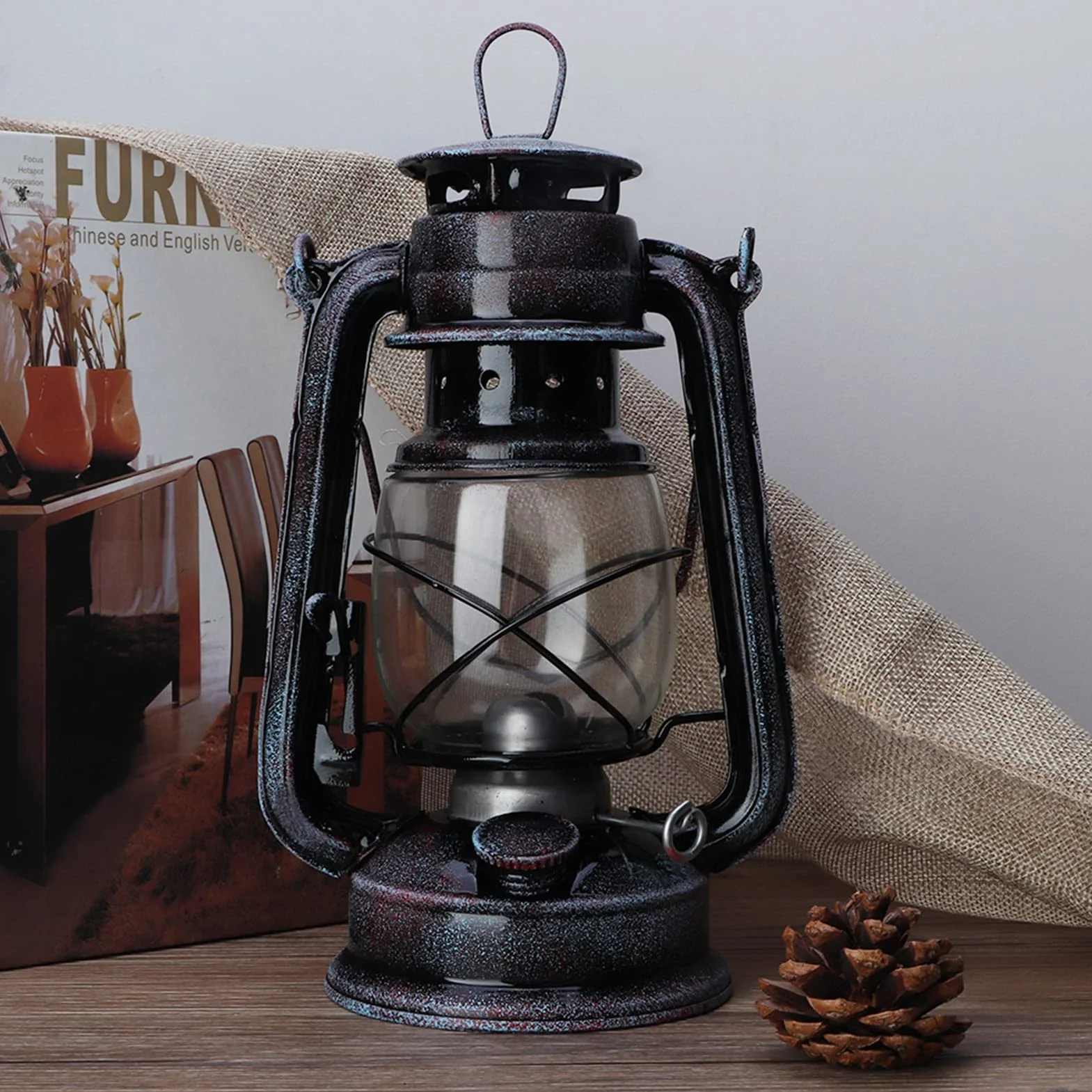 Klasyczna lampa naftowa 24 cm do kempingu, czarny Retro