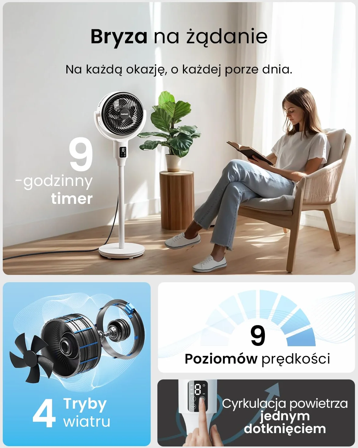 Wentylator stojący Pro Breeze AirFlo Smart 108 cm – 29 dB Supercichy – Wyświetlacz LED, Aplikacja i Pilot, 2 Tryby, Oscylacja Pionowo-Pozioma – WiFi