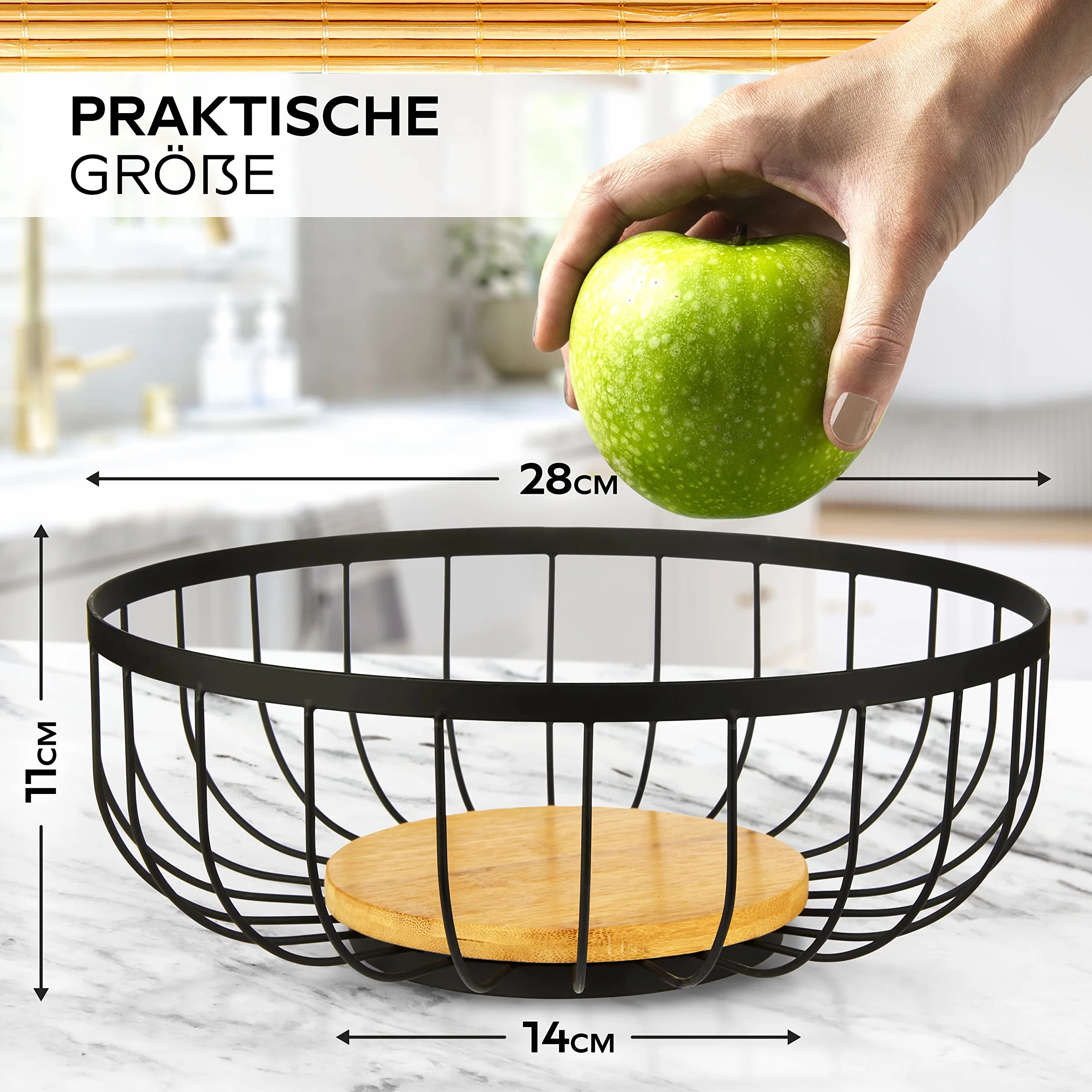 HIKITCHEN® Kosz na owoce - Dekoracyjna miska z metalu i bambusa - Kosz na owoce do kuchni i domu - Kosz na owoce, kosz na bułki (Czarny)