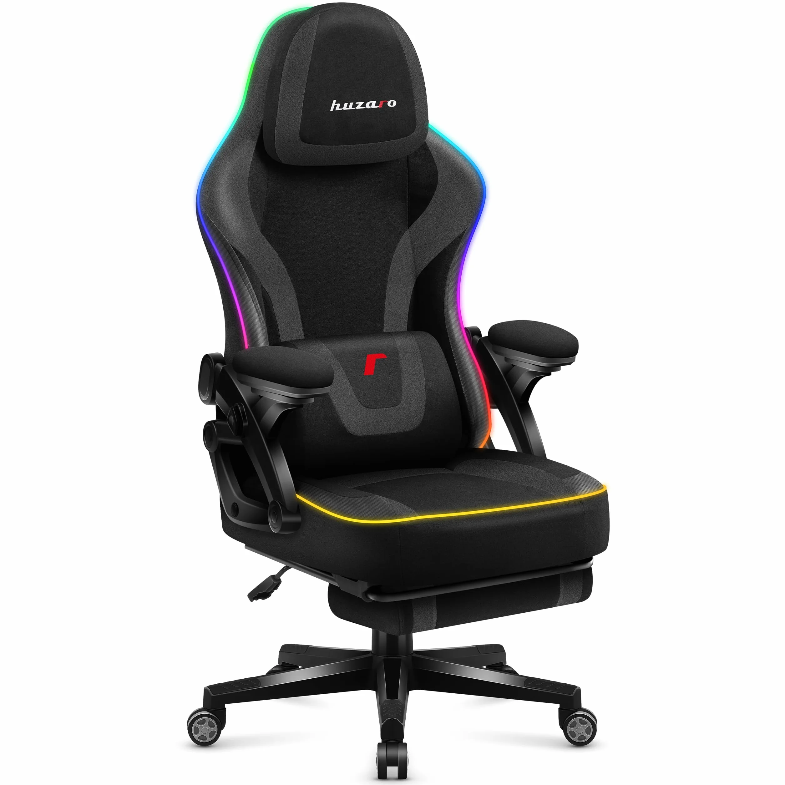 huzaro Force 4.6 RGB Black Mesh krzesło gamingowe LED, ergonomiczne, synchronizacja muzyki, podnóżek, funkcja przechylania, regulowany zagłówek, obciążenie 130 kg, materiał, kolor czarny