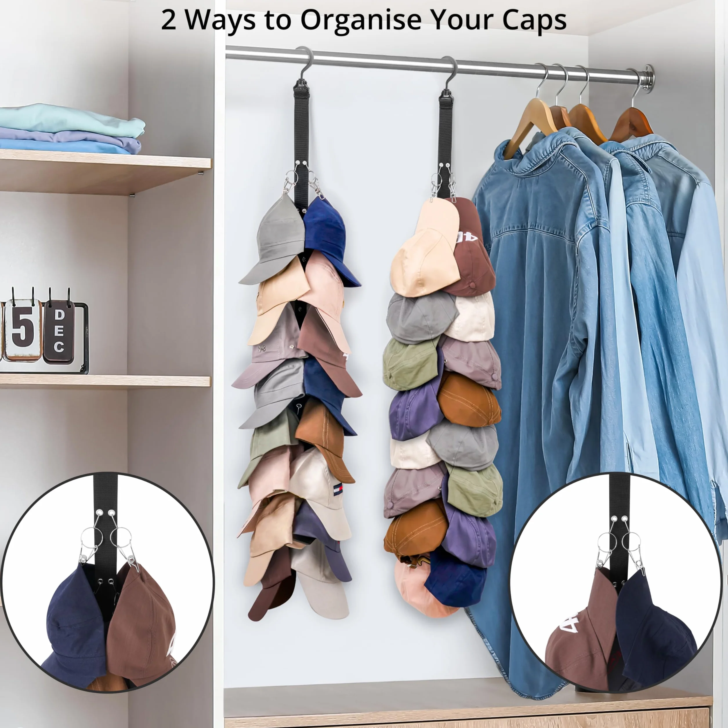 Winter Shore Organizer na Czapki do Szafy 2-pak Pionowy Wieszak na Czapki 32 Stalowymi Klamrami Montaż na Ścianie 100 cm