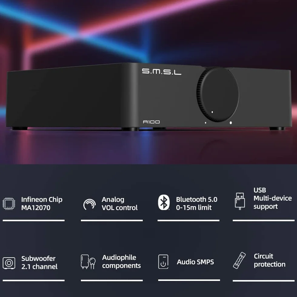S.M.S.L A100 Bluetooth 5.0 Stereo Audio Mini Wzmacniacz klasy D MA12070 Chip 2-kanałowy wzmacniacz do głośników domowych 80Wx2