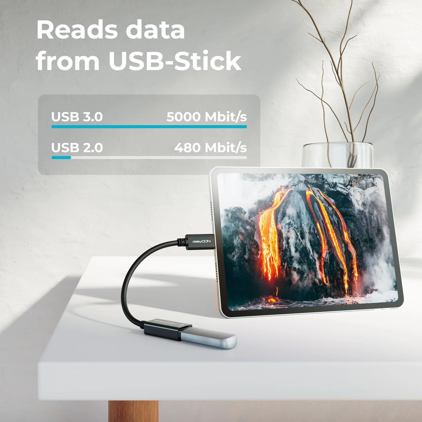 deleyCON USB-C do USB-A Kabel Przejściówka 3.0 OTG - Kompatybilny z Notebookiem Laptopem PC Smartfonem Telefonem Komórkowym iPhone 17 16 15 S25 S24 S23 MacBook iPad Mini iMac - 17cm
