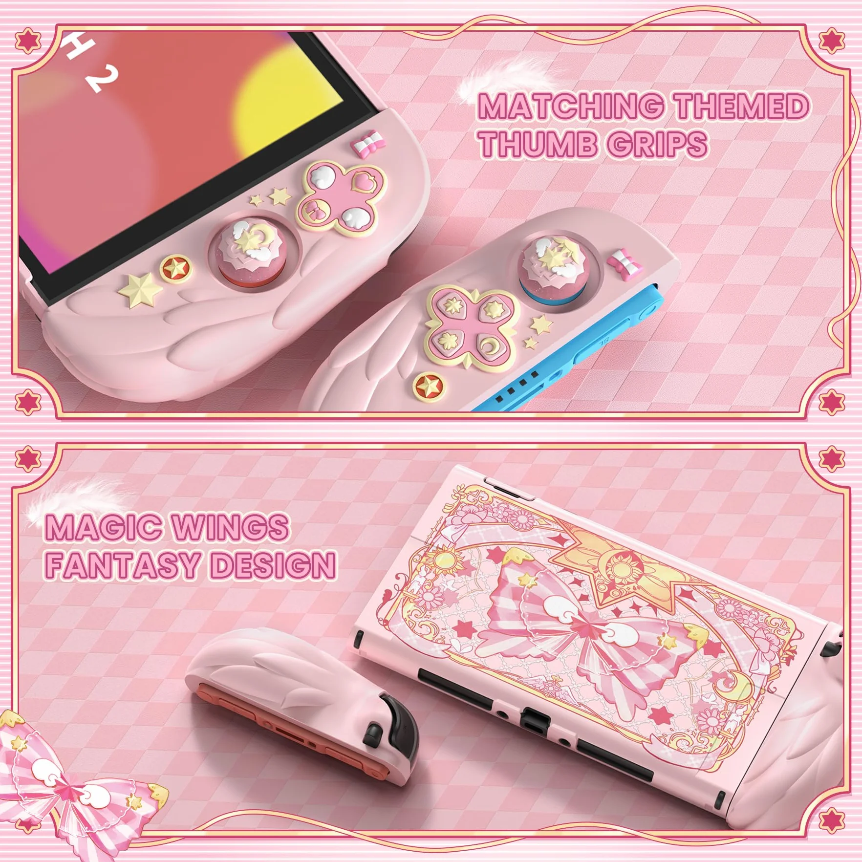 PlayVital Etui na Konsolę do Switch 2 Akcesorium z Silikonowymi Osłonami Joycon & Nakładkami na Joysticki do Switch 2,Dockowalne Ochronne-Różowe, Styl Magiczne Skrzydła