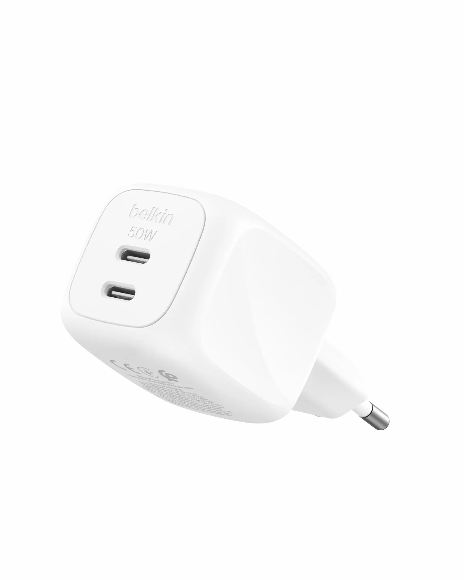 Belkin 2-portowa Ładowarka USB-C 50 W, Ładowarka GaN z 2 Portami USB-C, Szybkie Ładowanie Urządzeń MacBook, iPhone 17, iPad Pro, Chromebook, Galaxy S25 Ultra, Pixel 10 – Akcesoria Podróżne – Biała