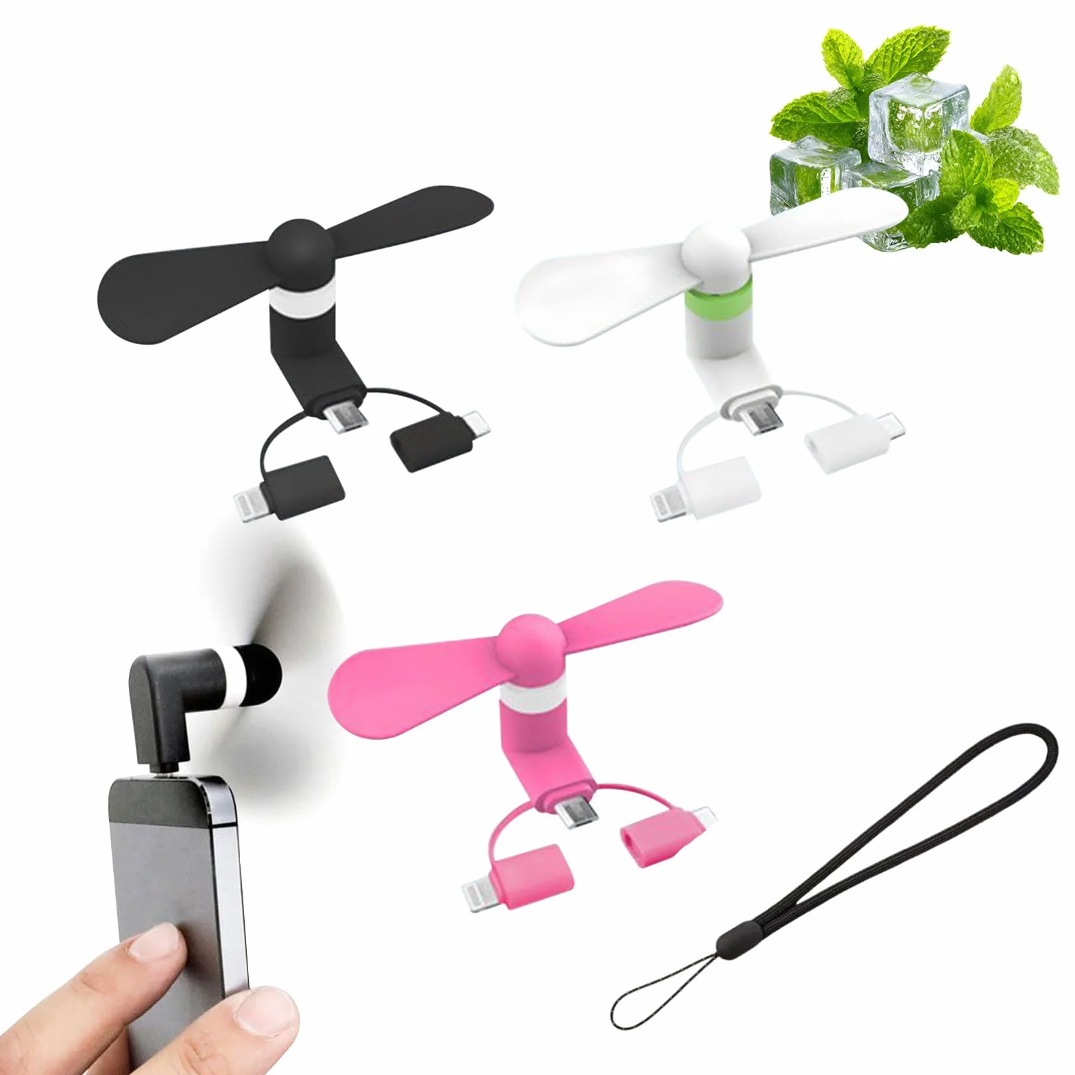 Wentylator do telefonu komórkowego, wentylator typu C, przenośny mini wentylator USB 3 w 1, do portu Lightning/USB typu C (czarny, biały, różowy)