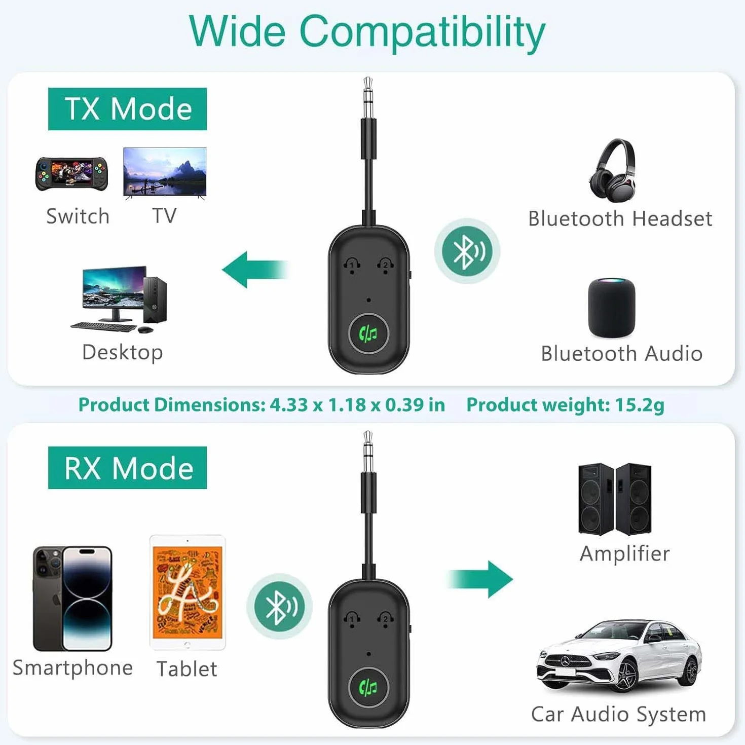 ORIA Odbiornik nadajnika Bluetooth 5.3, adapter Bluetooth z podwójnym parowaniem, redukcja szumów CVC, bezprzewodowy adapter audio Aux 3,5 mm do telewizora, głośników, samochodu