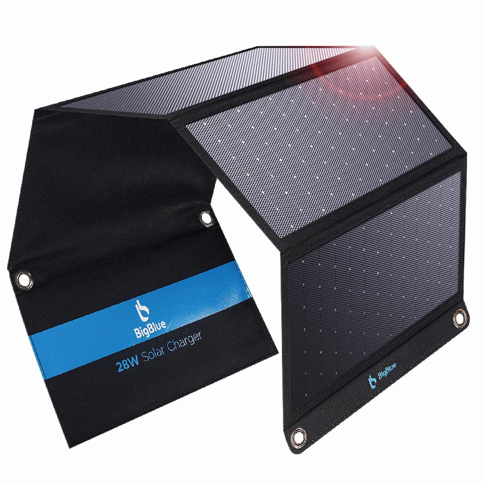 BigBlue 28 W składana ładowarka solarna z 2 USB-C + 1 USB-A (5 V/4,8 A łącznie) przenośny i wodoodporny IP44 panel słoneczny + 4 stalowe haki Kompatybilna z iPhone 15/14/13/12, iPad, Samsung Galaxy