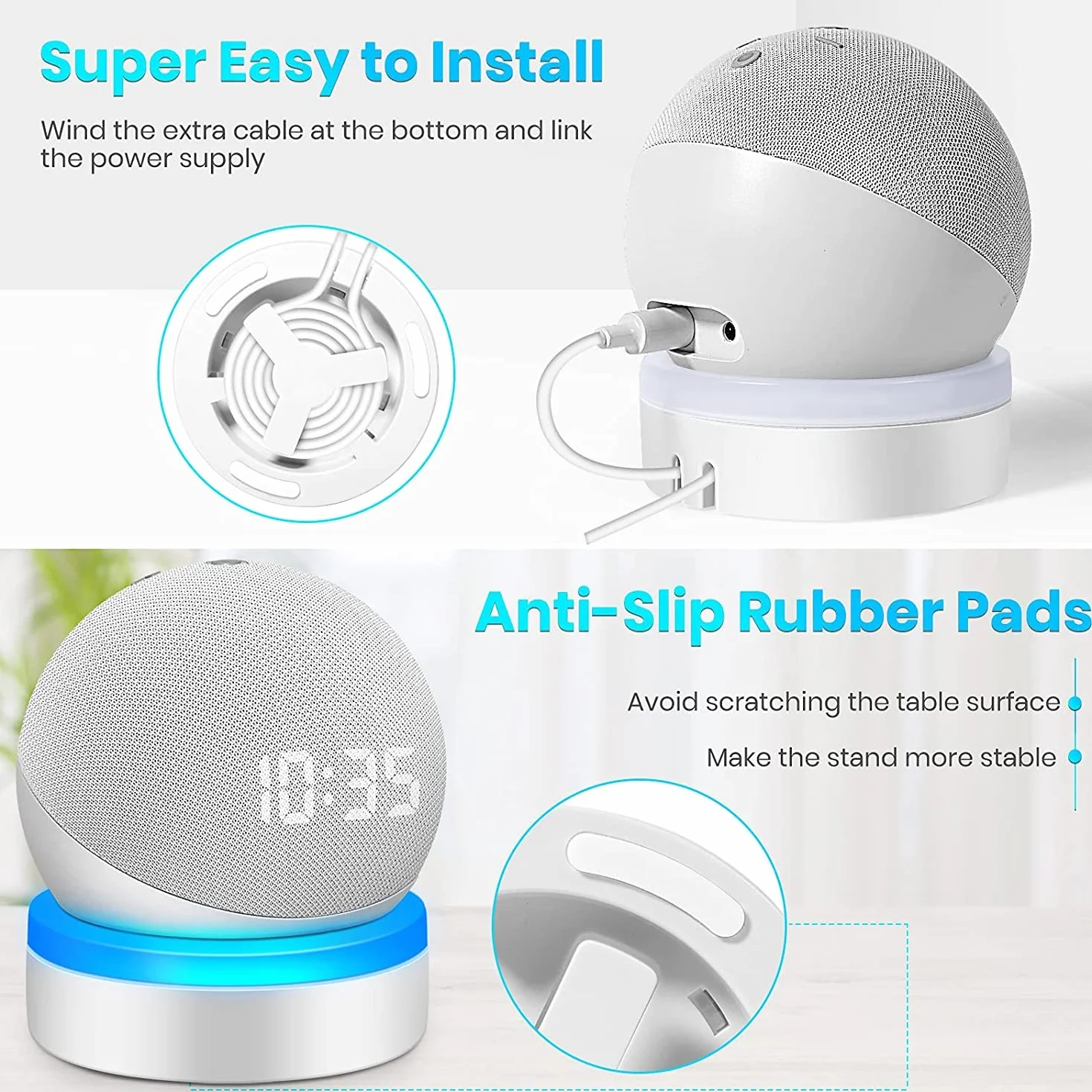 Do Alexa Echo Dot 4 luminescency uchwyt stojak na biurko, bez konieczności użycia śrub, akcesoria do głośników (Alexa Echo Dot 4, biały) WL808