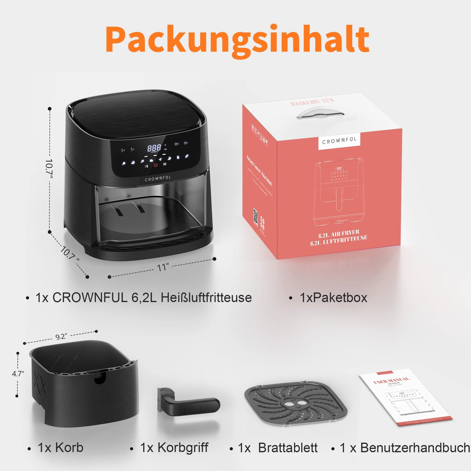 CROWNFUL Frytkownica pneumatyczna 8 w 1, bezolejowa elektryczna 6,2 l z ekranem dotykowym LCD i 8 ustawień wstępnych, precyzyjna regulacja temperatury, kosz nieprzywierający, 1500 W