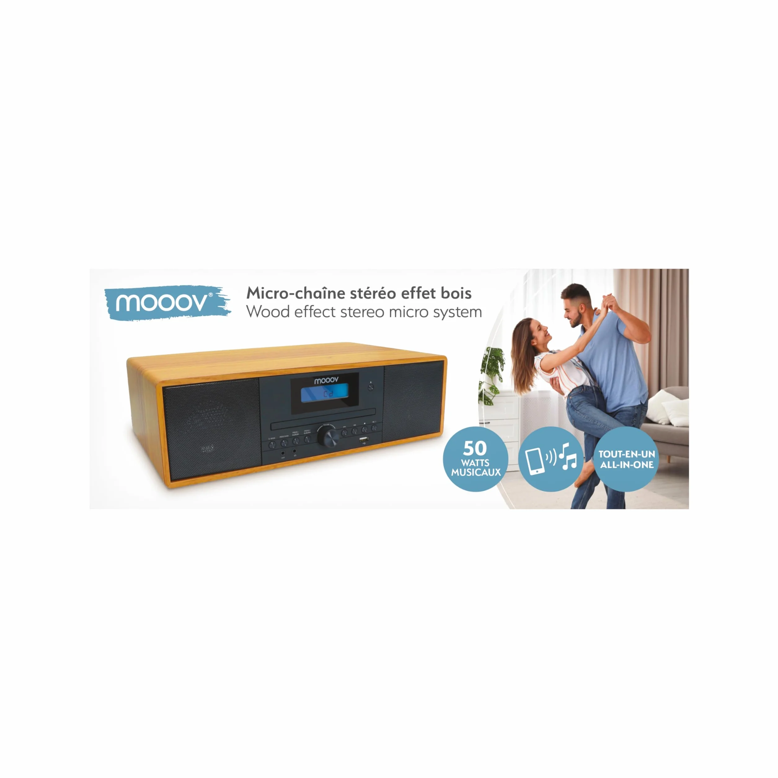 MOOOV 477380 Bezprzewodowy mikro łańcuch HiFi z efektem drewna Odtwarzacz CD Radio FM z pilotem