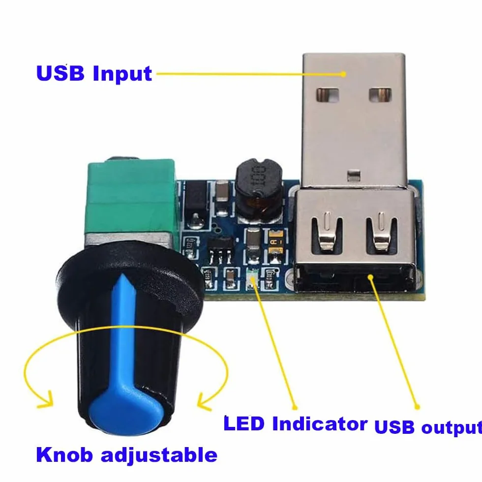RUNCCI-YUN 2 szt. 5 W USB Regulator prędkości wentylatora, DC 5V bezstopniowy USB Regulator wentylatora DC 5-12 V do 2,5-7,5 V Pokrętło regulacji prędkości regulatora z przełącznikiem