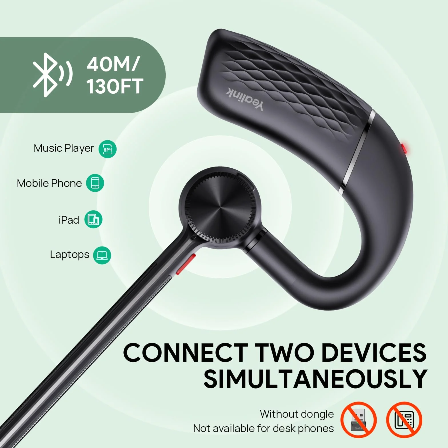 Yealink BH71 Lite Zestaw słuchawkowy Bluetooth, bezprzewodowe słuchawki z 4 mikrofonami z funkcją redukcji szumów, 10H czasu rozmowy, regulowany haczyk na ucho, słuchawki Bluetooth do telefonu