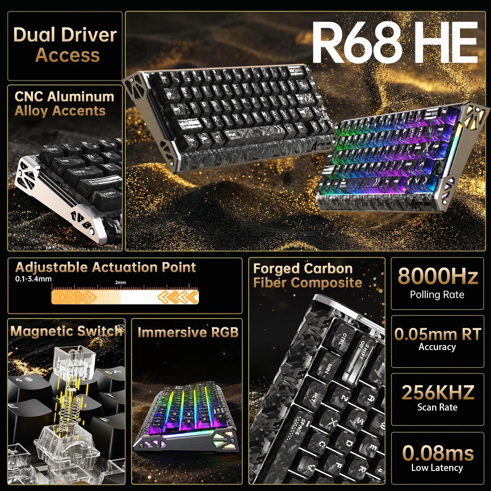 ATTACK SHARK R68 HE Zestawy Składające Się z Przewodowej Klawiatury Magnetycznej i Bezprzewodowej Myszy Gamingowej R11 ULTRA z Włókna Węglowego, 8000Hz Rapid Trigger, Mysz 49g, 42000DPI, Ink Shade