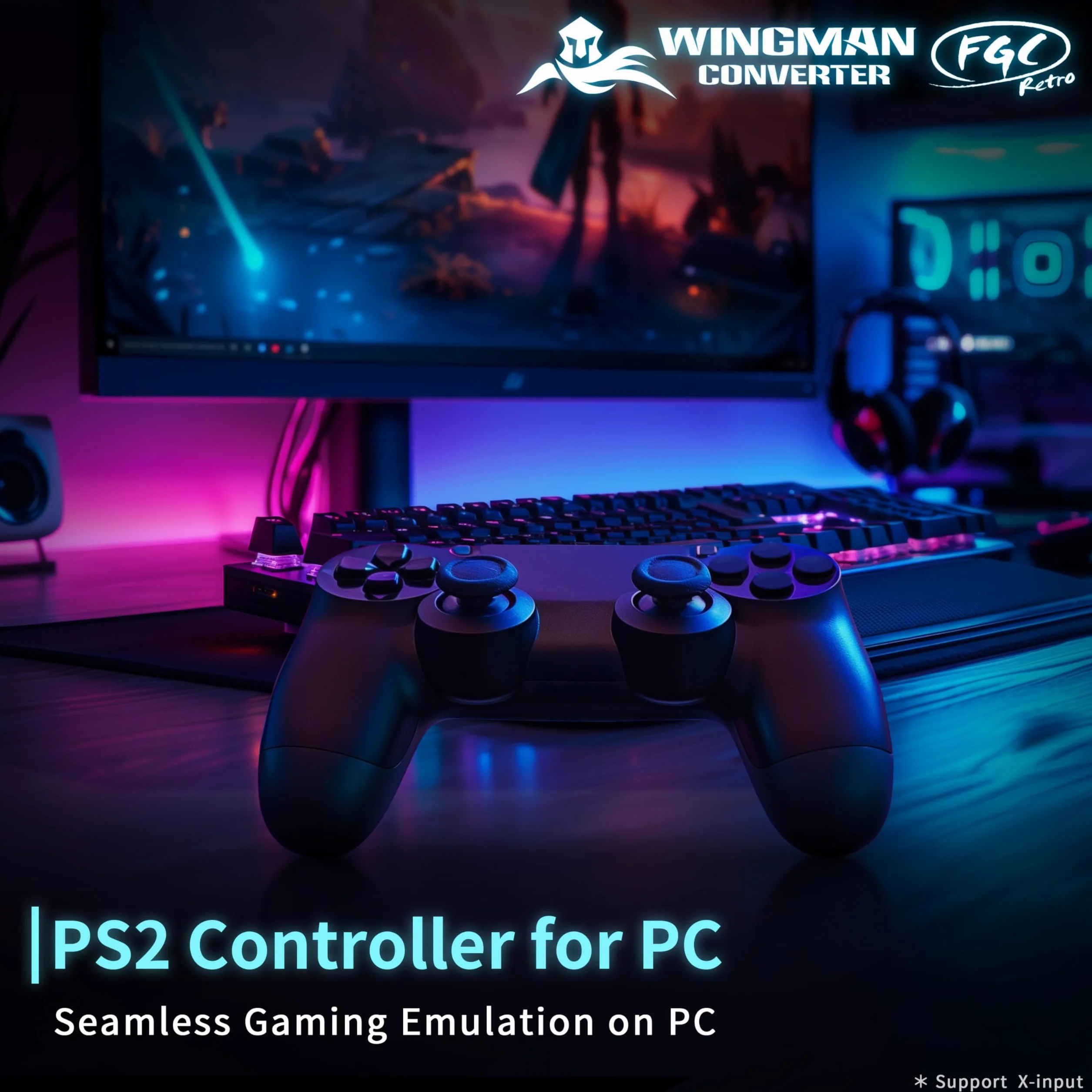 Brook Wingman FGC Retro z brelokiem – kontroler PS1 i PS2 do PS5, PS4, PC - Turbo, Remap, makro - X-Input - kompatybilny z matami tanecznymi, kijami zręcznościowymi, kontrolerami gier rytmicznych
