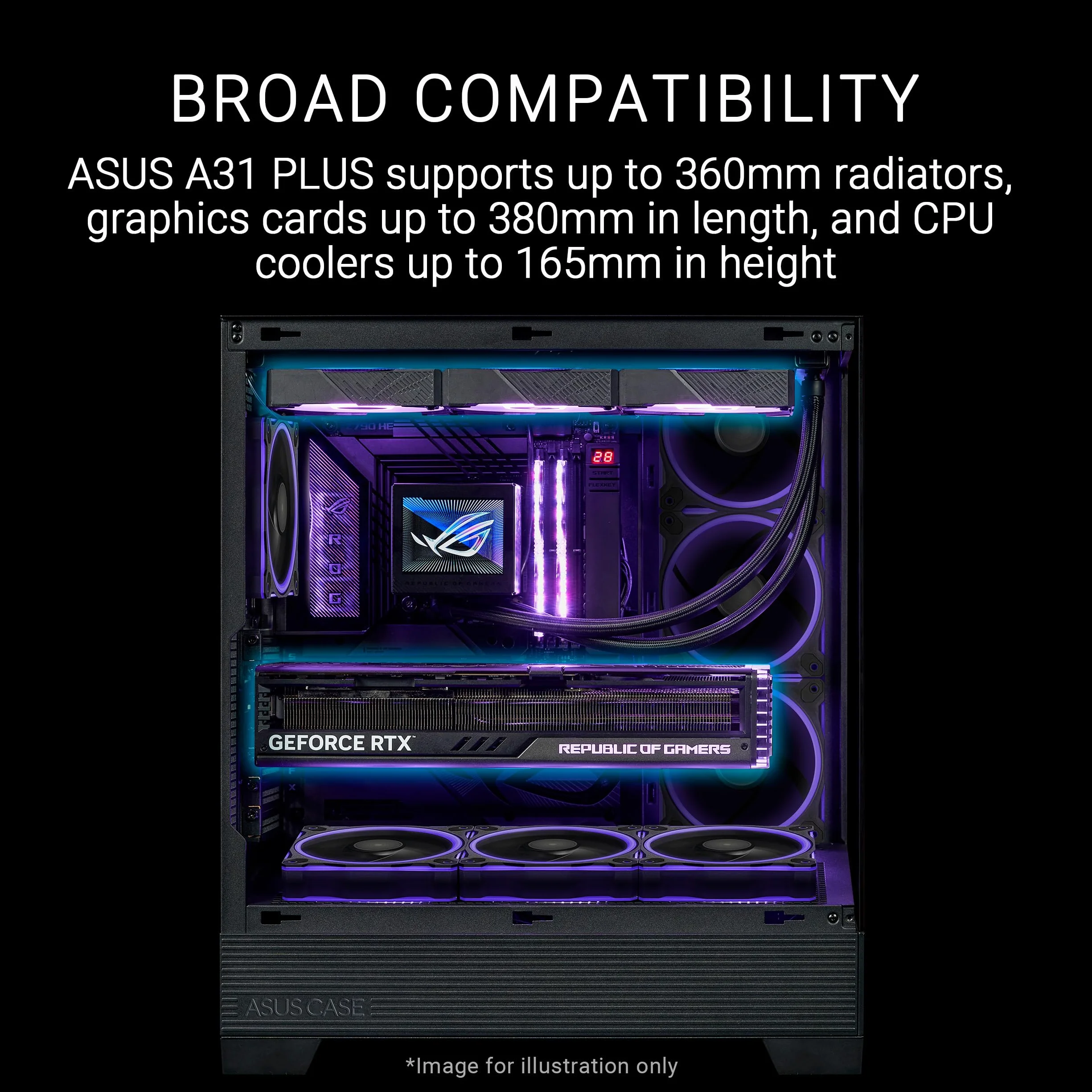 ASUS A31 Plus TG ARGB - Obudowa PC ATX (kompatybilna z płytami głównymi z ukrytym złączem, grzejnikami 360 mm i grafiką 380 mm, 4 wentylatory ARGB, szkło hartowane, zarządzanie kablami), czarny