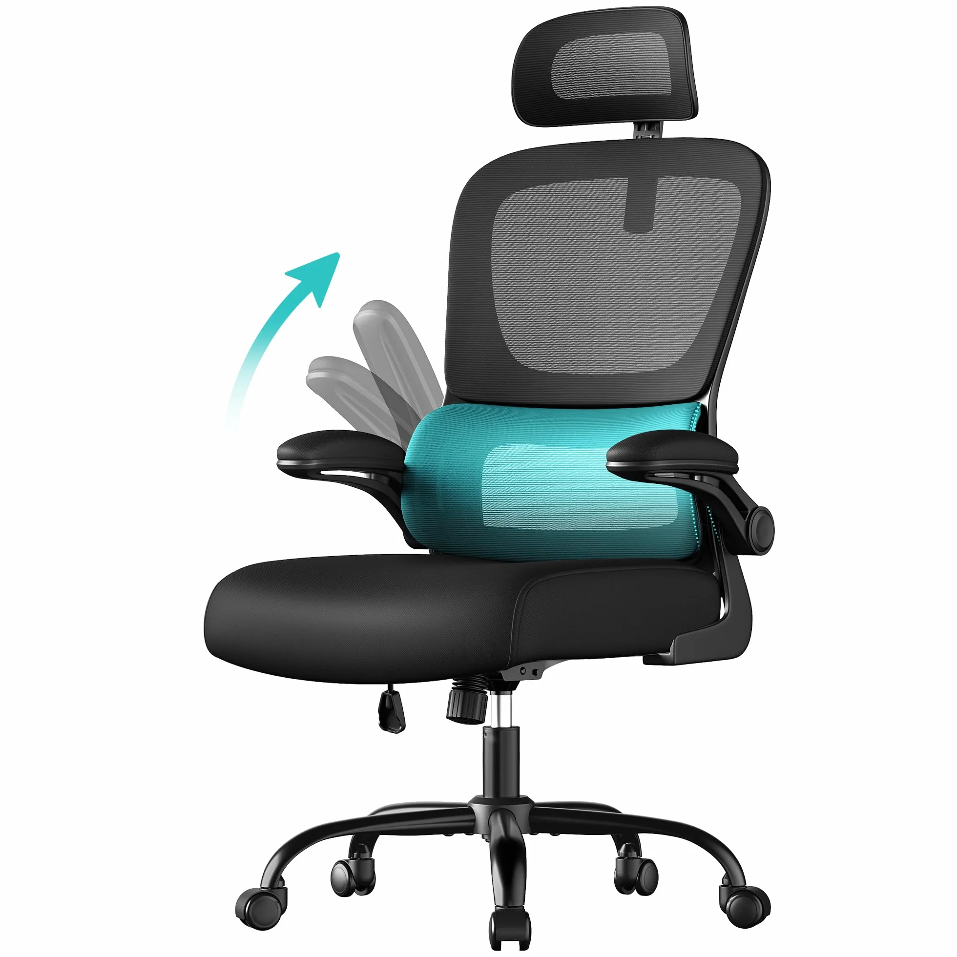 SONGMICS Krzesło biurowe, ergonomiczne krzesło biurowe, oddychająca dwuwarstwowa tkanina siatkowa, regulowane podparcie lędźwiowe, regulowane zagłówki, do domowego biura, czarny tusz OBN041B01
