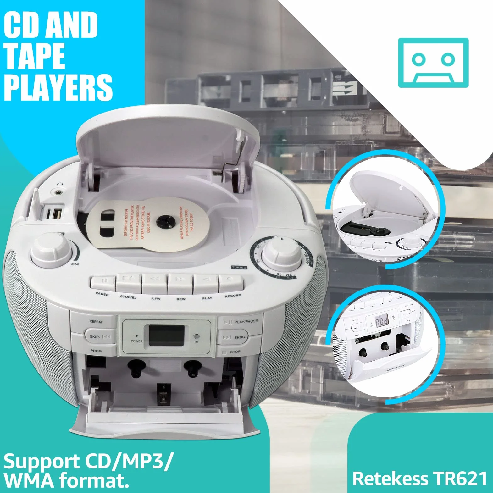 Retekess TR621 Przenośny Odtwarzacz CD Boombox Stereo z Radiem AM FM, Odtwarzacz Kasetowy, Magnetofon Kasetowy, Obsługa USB/TF/Słuchawek, z Pilotem (Biały)