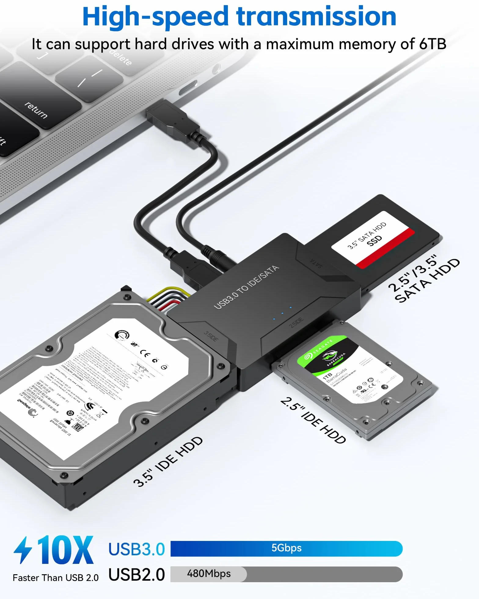 IDE USB 3.0 Adapter, USB 3.0 do SATA Adapter Uniwersalny konwerter dysków twardych do 2,5 i 3,5 cali SATA & IDE HDD/SSD z zasilaczem 12V 2A Kabel USB do systemu Windows 10/8/7/XP/Vista Mac OS Linux