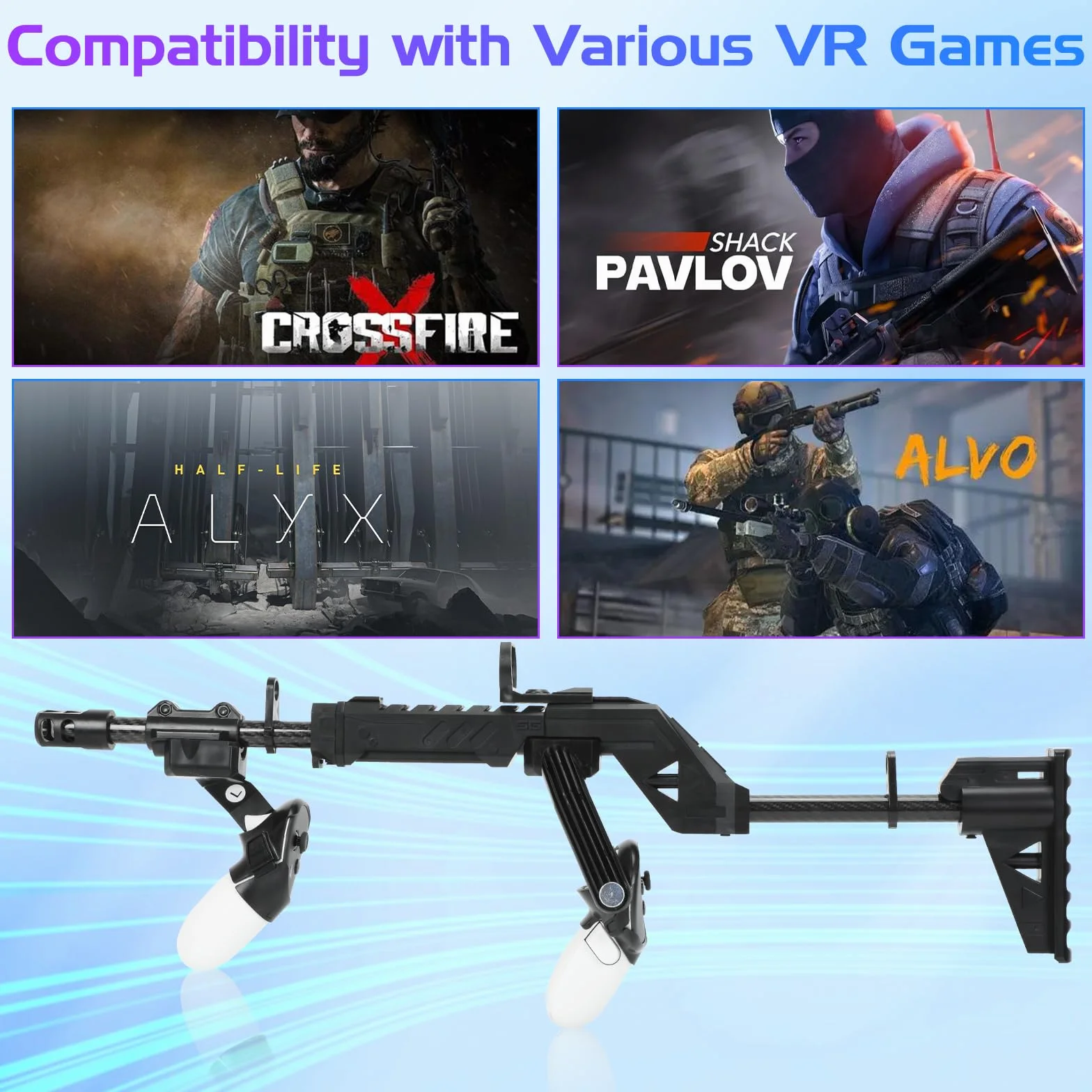 Kolba Pistoletu VR do Meta Quest 3, Uchwyt Kontrolera Strzelania, Akcesoria, Karabin Magnetyczny z Paskami na Ramię (Czarna)