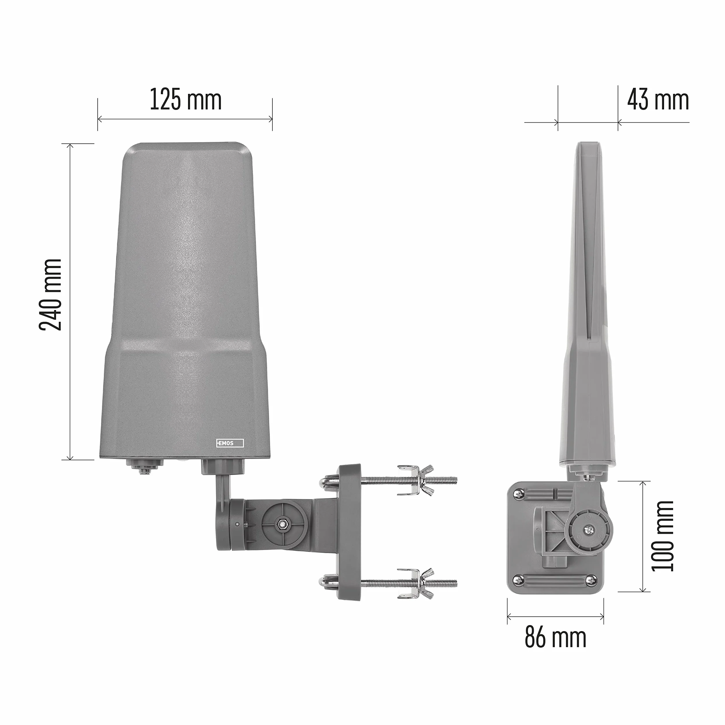 EMOS Antena zewnętrzna ze wzmacniaczem do odbioru zdalnego, VHF/UHF/DAB zewnętrzna antena TV do telewizji DVB-T/DVB-T2, zasięg 0-80 km, zintegrowany filtr blokujący LTE, filtr 4G, 5G
