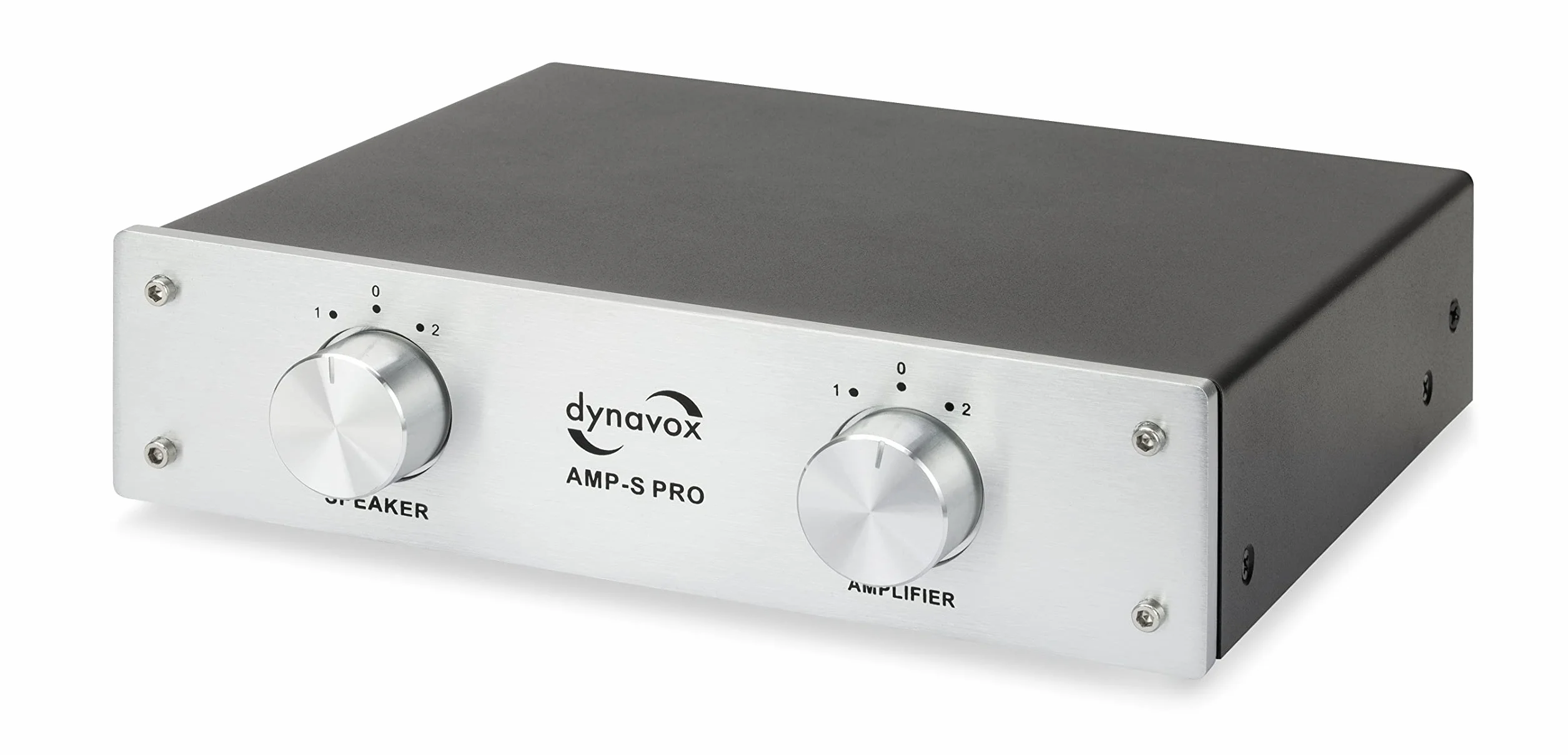 Dynavox AMP-S Pro, przełącznik wzmacniacza i głośnika w metalowej obudowie, do wzmacniaczy stereo i Surround, połączenie za pomocą wtyczki bananowej lub złącza zaciskowego, srebrny