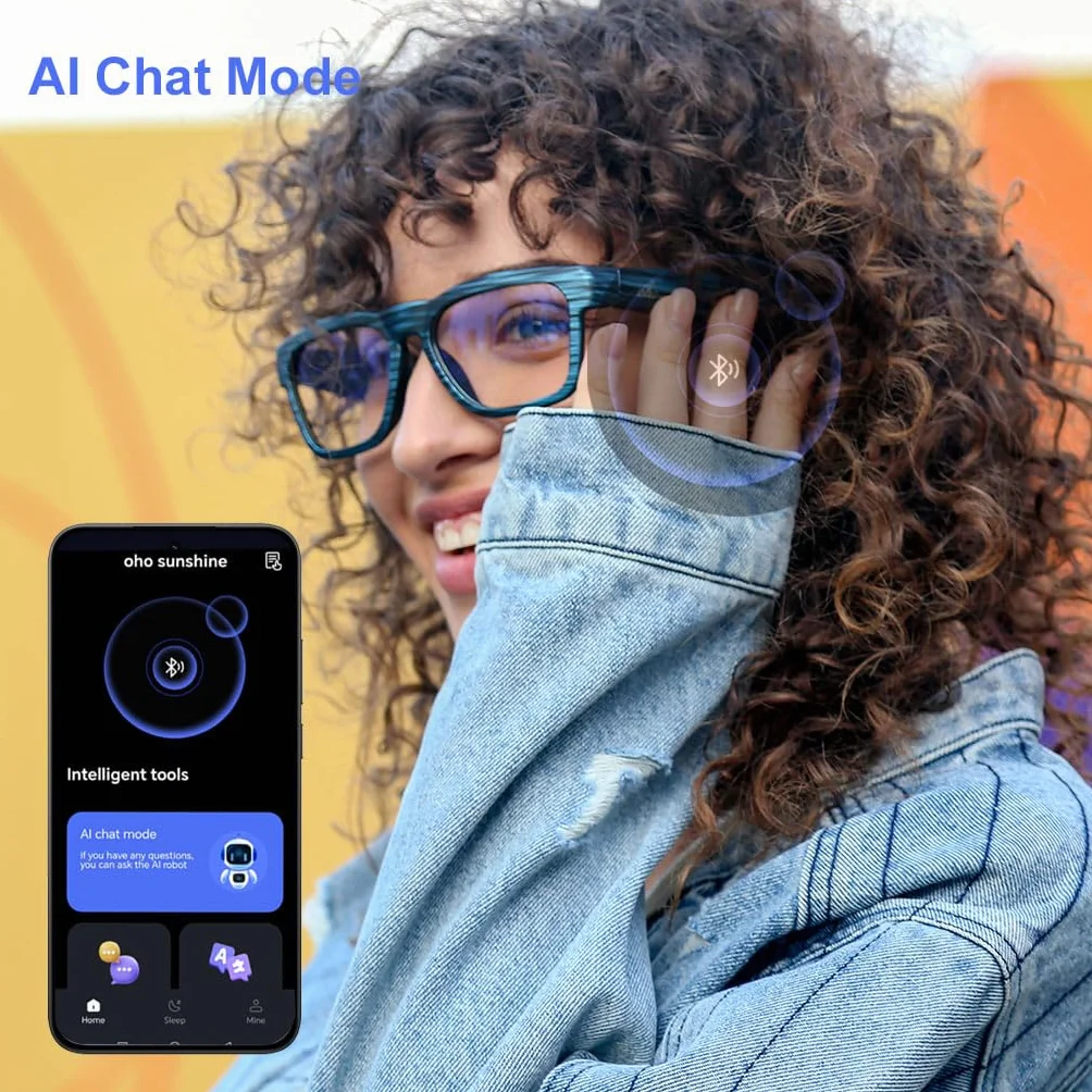 OhO sunshine Inteligentne okulary do tłumaczenia AI z głośnikiem Bluetooth z soczewką fotochromową do użytku na zewnątrz i wewnątrz, NIEBIESKI, Rozmiar Uniwersalny