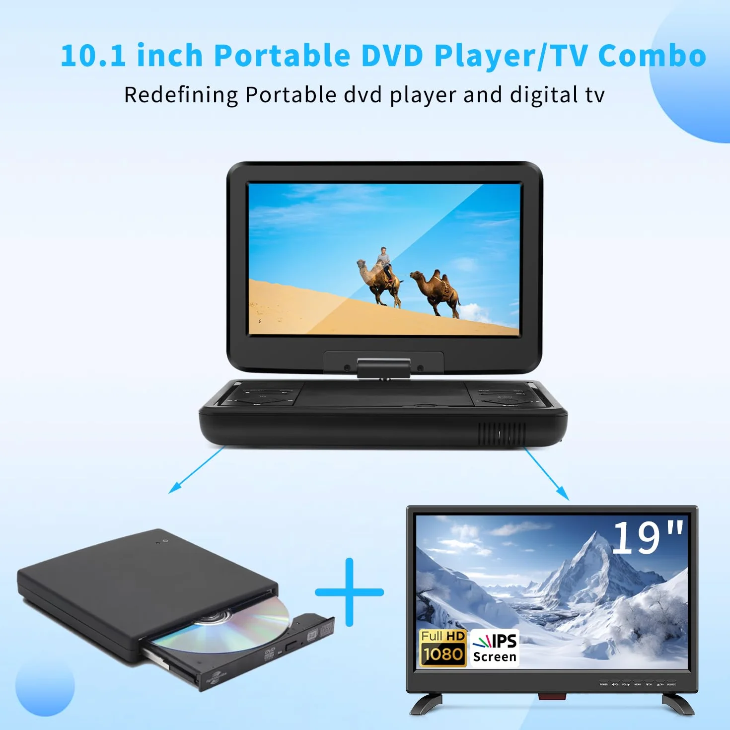 KCR Przenośny odtwarzacz DVD 10,1 cala, wbudowany telewizor DVB-T2 z obrotowym wyświetlaczem LED/USB/HDMI/AV, akumulatorem i dwoma głośnikami