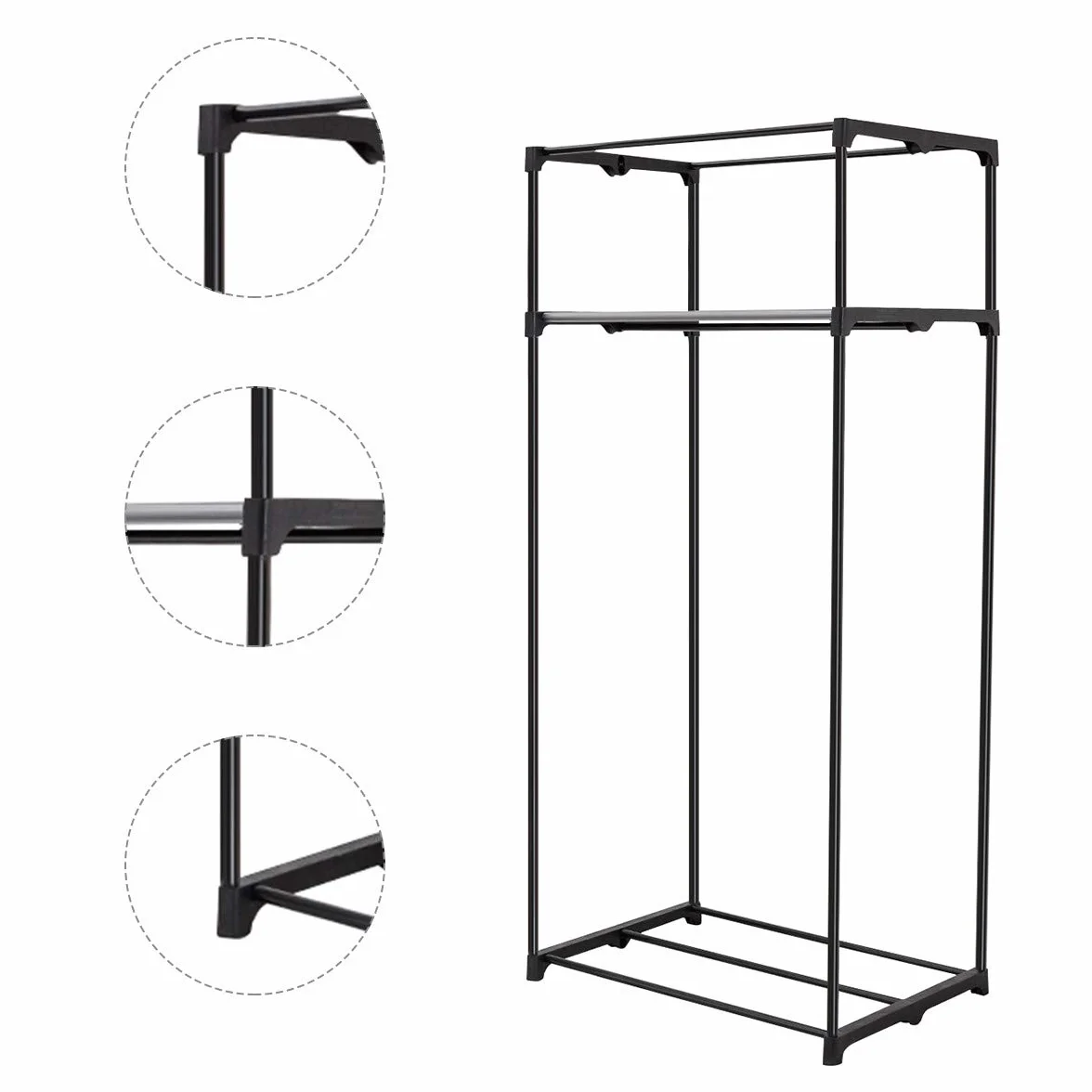 GIANTEX Szafa na ubrania z materiału z drążkiem na ubrania i półką, składana szafa 74 x 50 x 172 cm, wieszak na ubrania, metalowy stelaż z osłoną przeciwpyłową, do sypialni, garderoby (czarna)