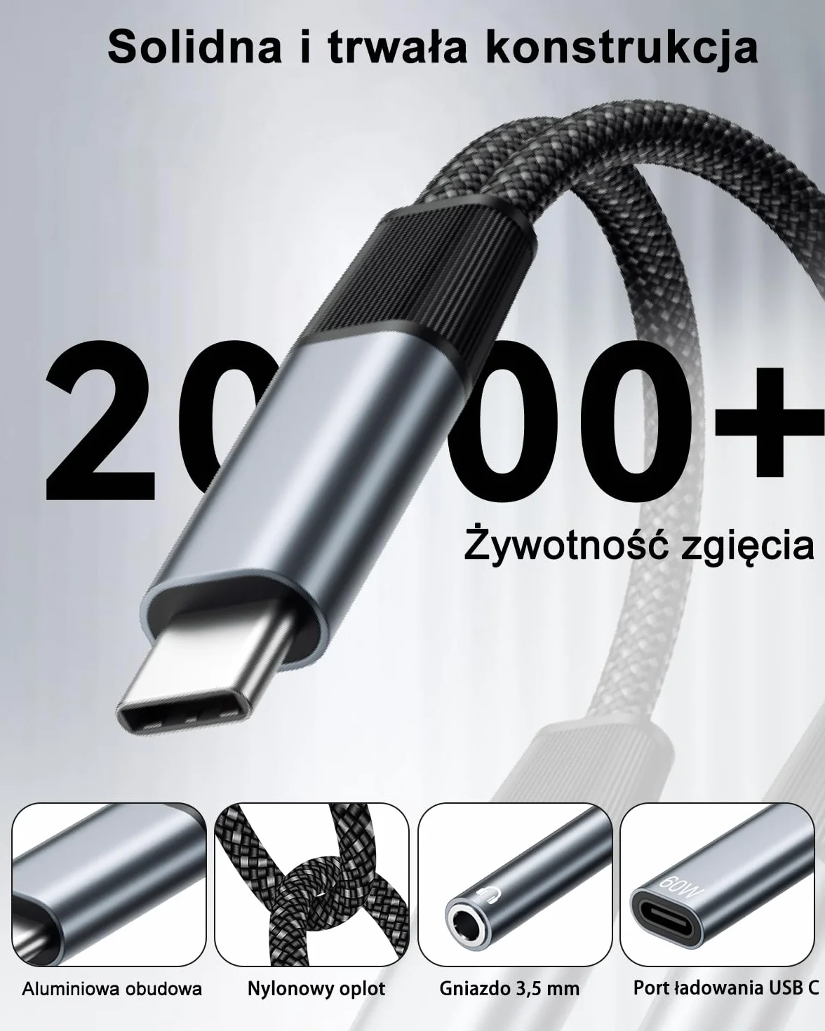 Adapter 2 w 1 USB C na gniazdo 3,5 mm, adapter typu C na gniazdo 3,5 mm i rozdzielacz szybkiego ładowania 60 W, złącze Aux USB C to 3.5 dla iPhone 17 16 15 Pro, Sumsung S24/S23/S22/S21, Pixel 9 8 7