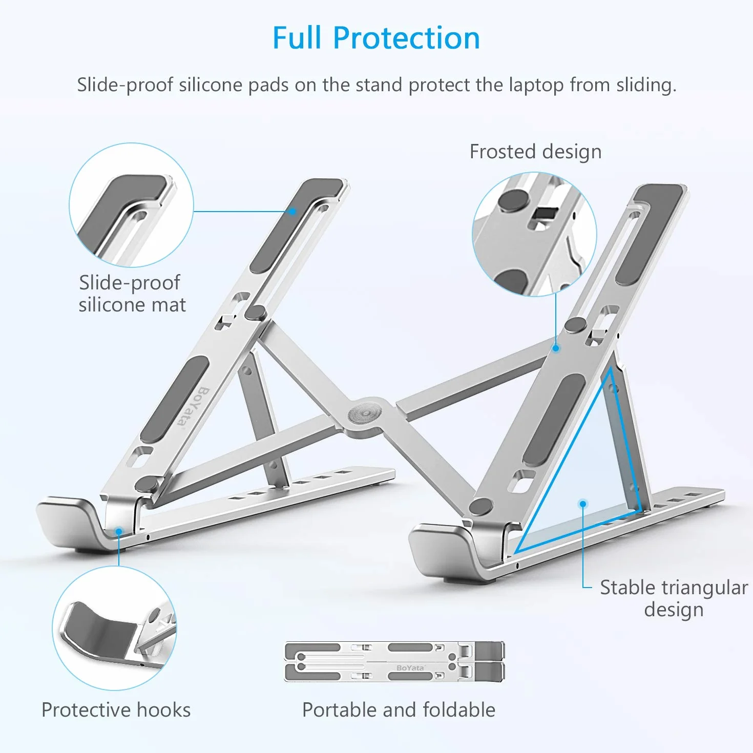 BoYata Stojak na laptopa, 6 stopni regulacji wysokości, przenośny uchwyt na laptopa na biurko, składany, aluminiowy riser, kompatybilny z MacBook Air, Dell XPS, większością laptopów 10-15,6 cala